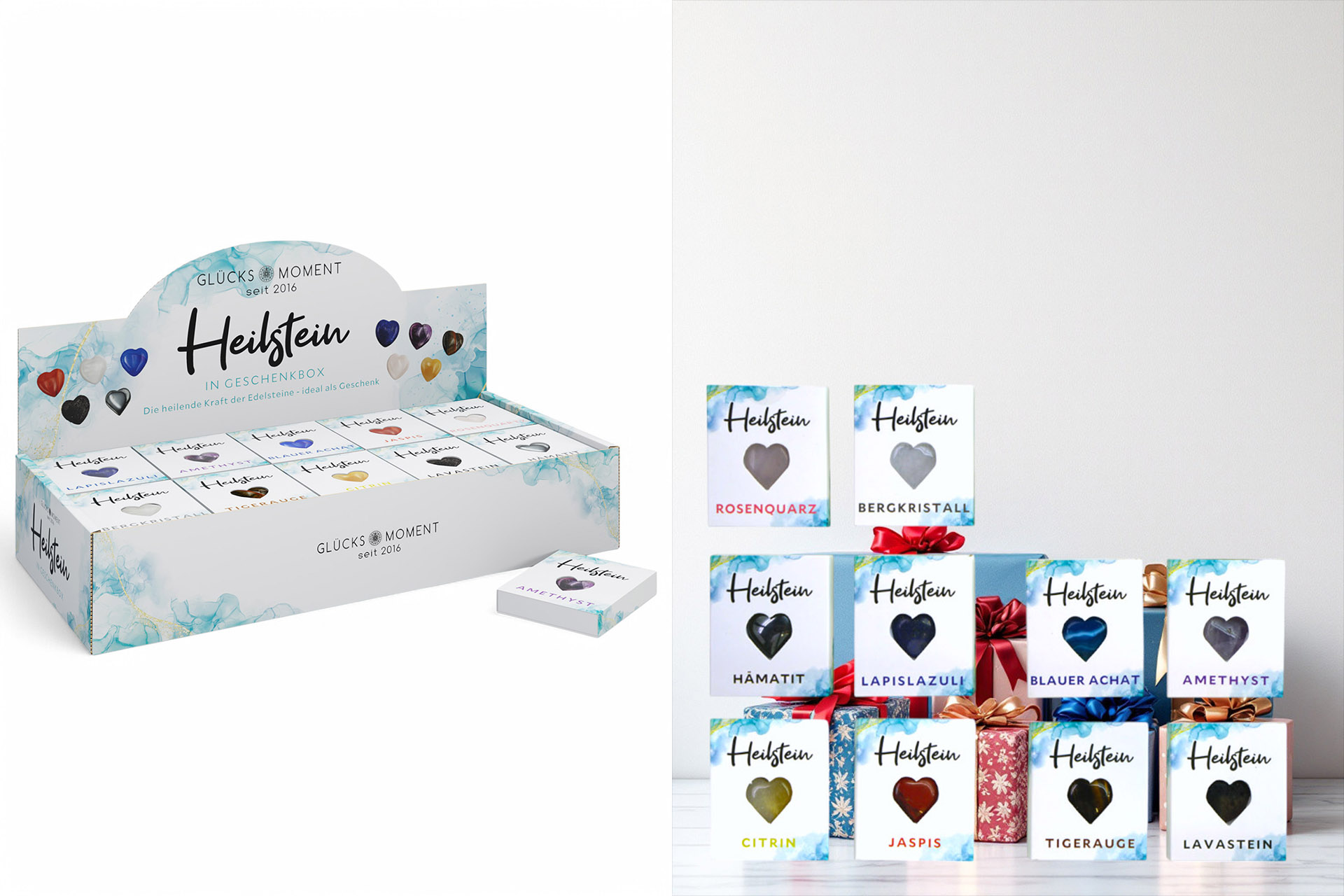 Edelstein Herz in Geschenkbox "Heilstein", 2cm, 10 Designs, im Display