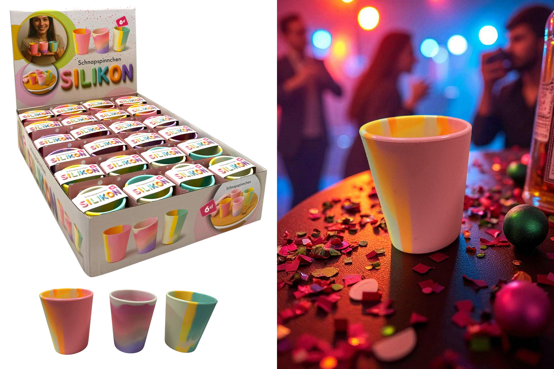 Schnapspinnchen Silikon, 6x5x5cm, 6cl, 3 Farben, im Display
