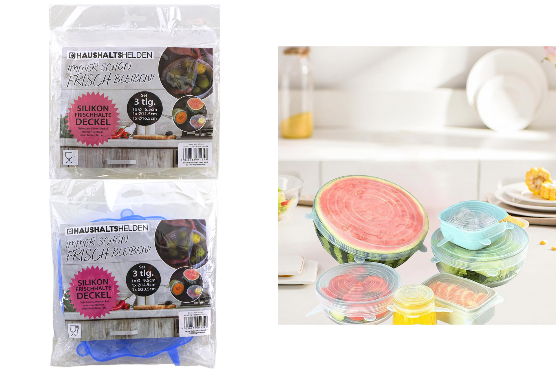Frischhaltedeckel Silikon, 3-tlg Set, 2-fach sortiert, 2 Farben