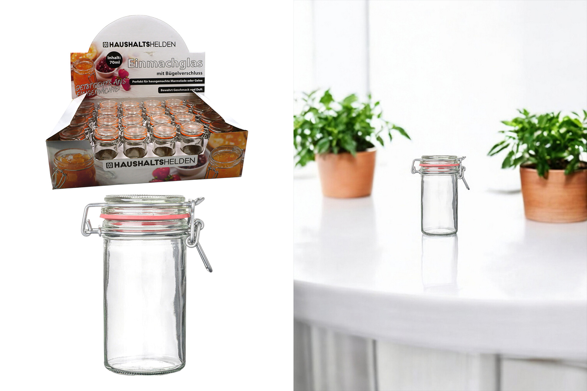 Einmachglas mit Bügelverschluss, 70ml, im Display