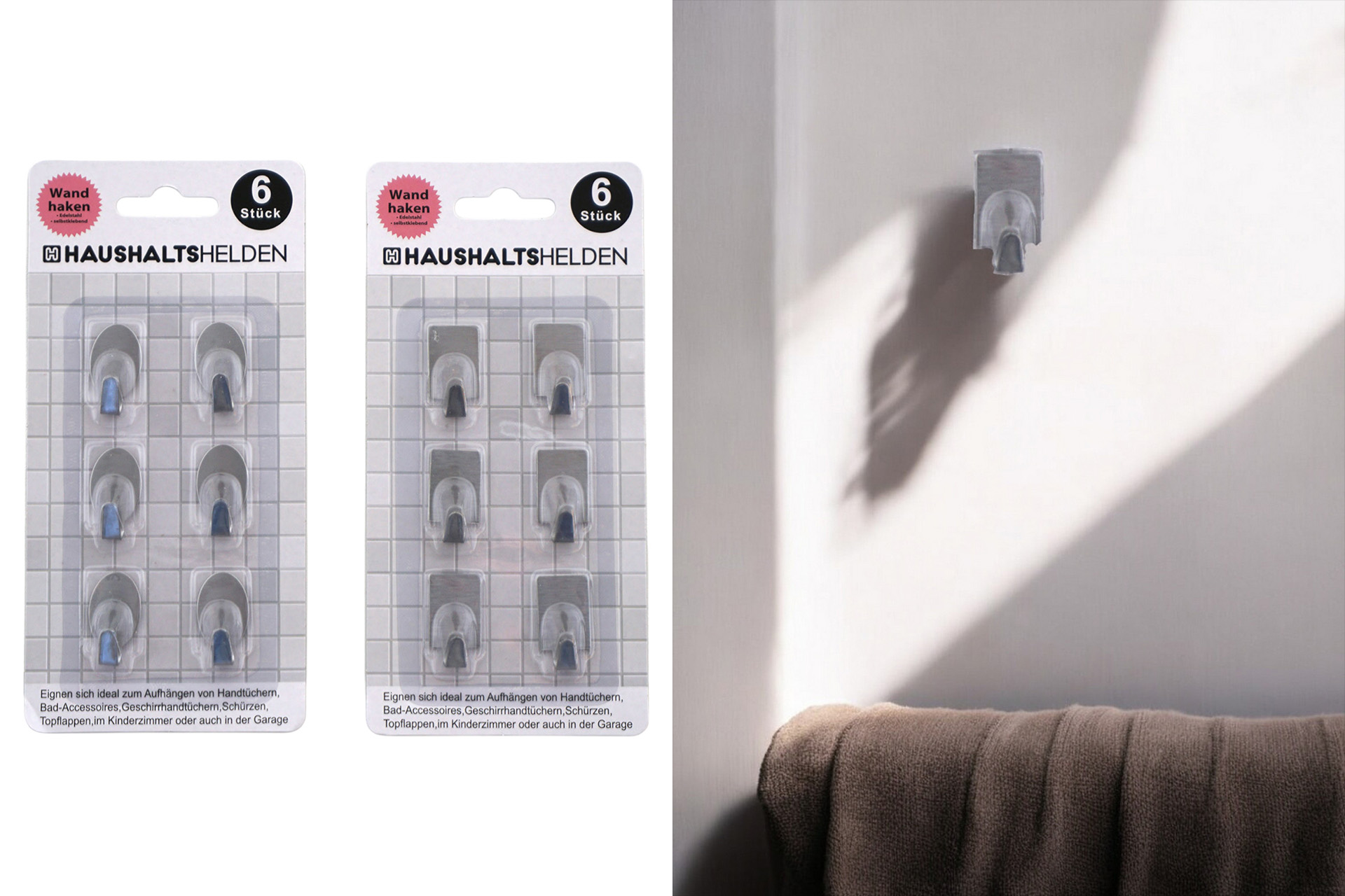 Wandhaken Edelstahl selbstklebend 2 fach sortiert, 6er