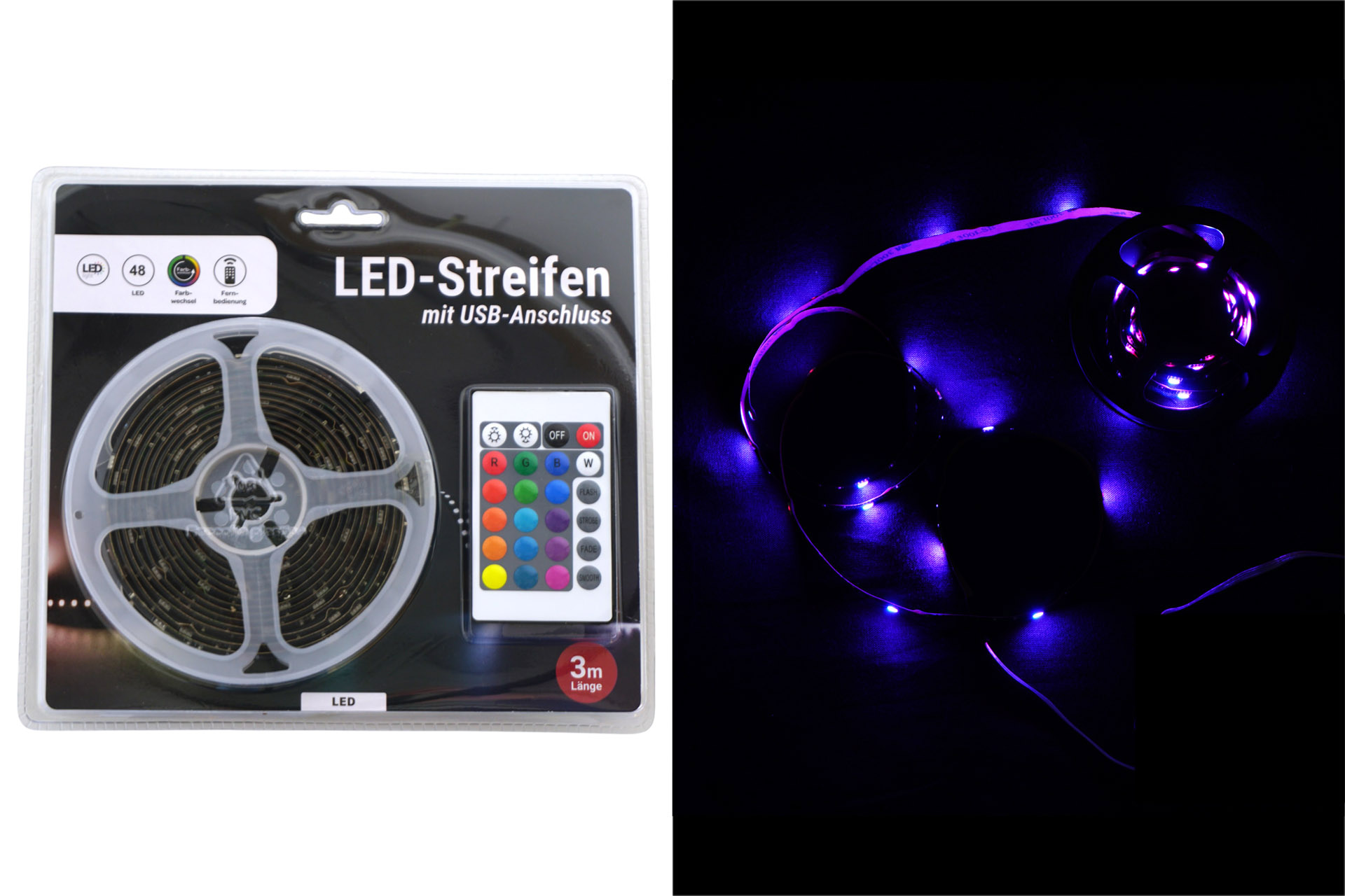LED Licht "Streifen" mit USB Anschluss, 48 LEDs, 3m