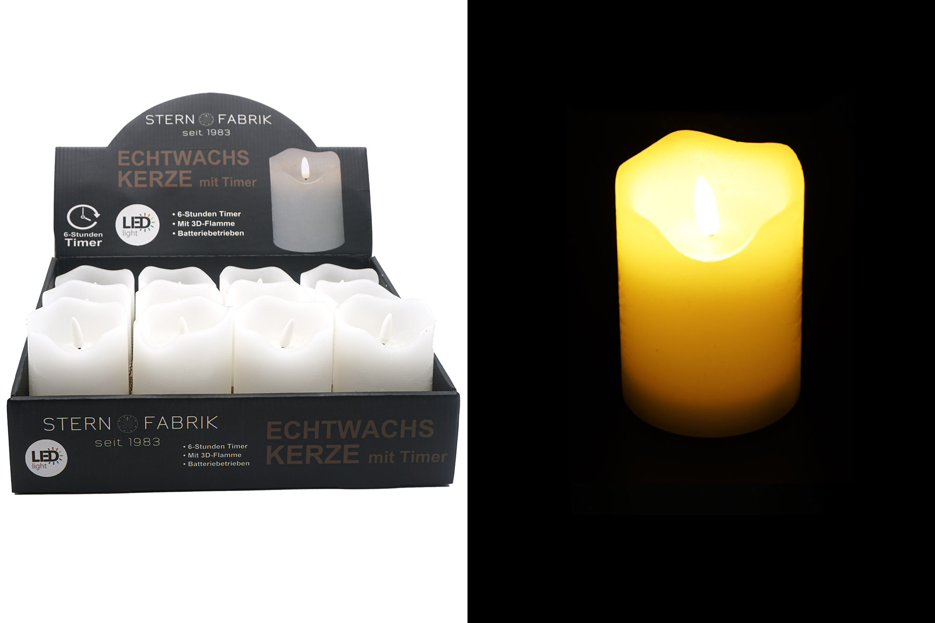 LED Echtwachskerze "3D Flamme" 7,5x12,5cm mit Timer, weiß, im Display