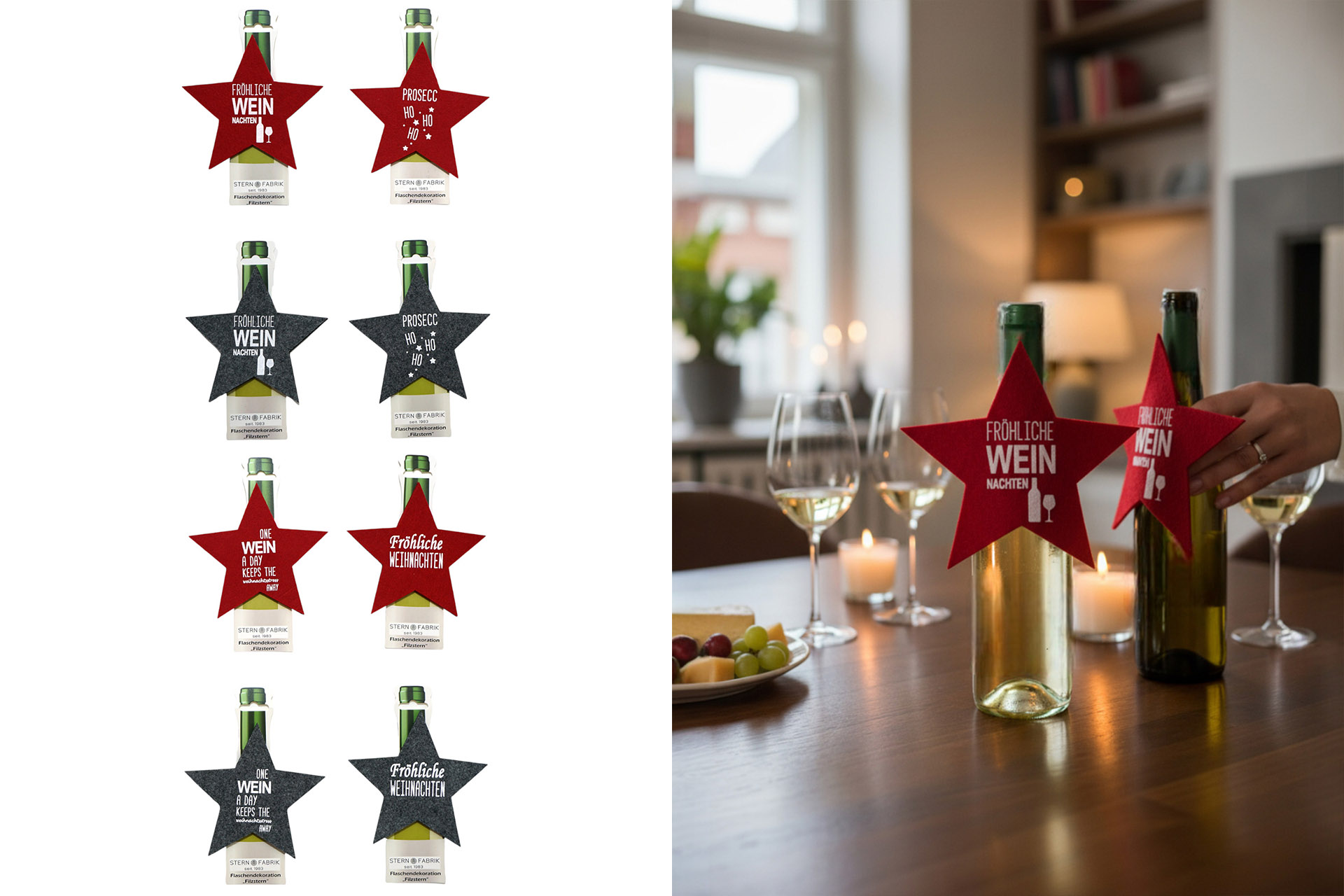 Flaschendekoration Filzstern, 14,5cm, 2 Farben, 4 Designs