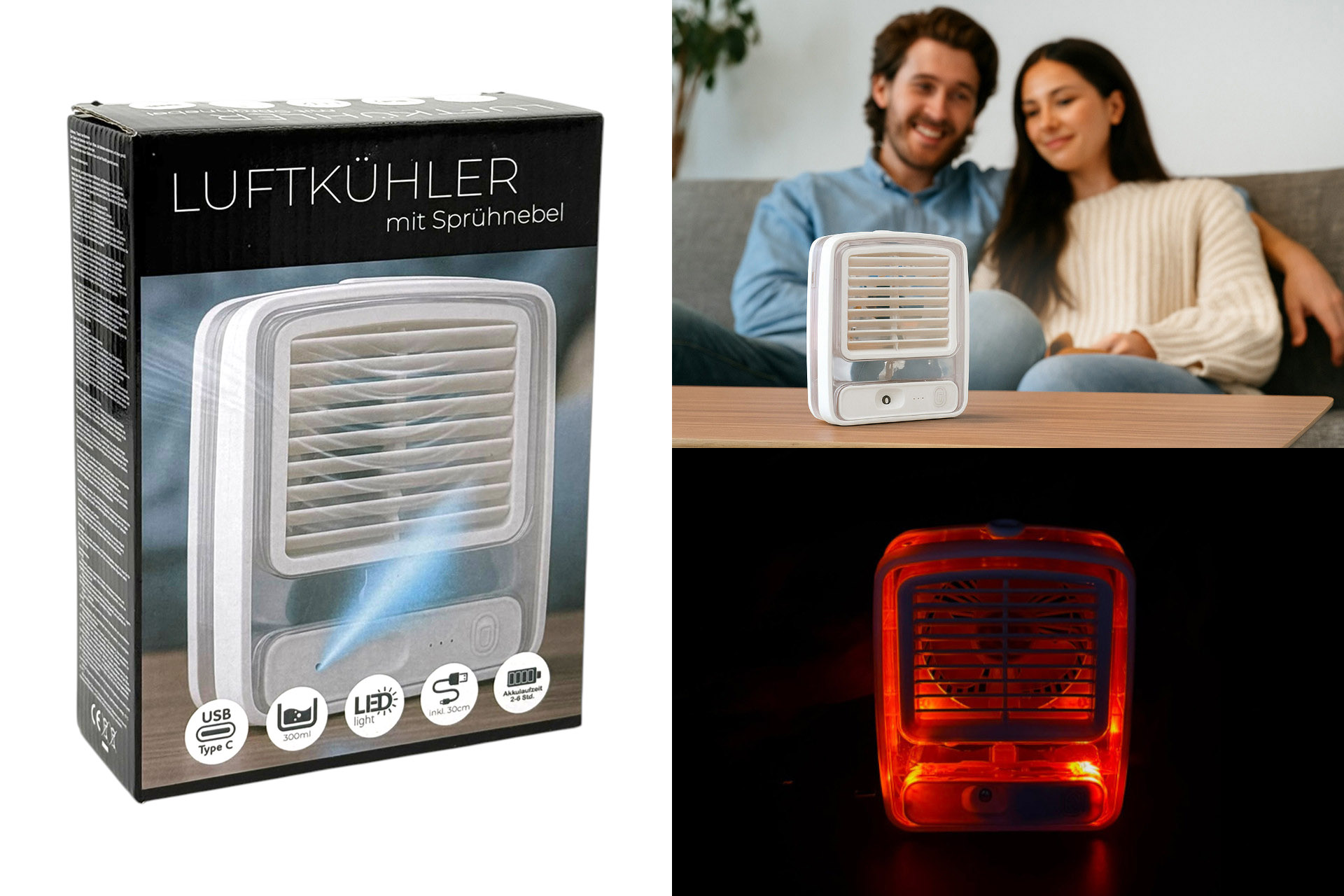 LED Ventilator "Dunst" mit Touchfunktion, 14,5x5x18cm, inkl. USB-C Kabel, 3 Stufen