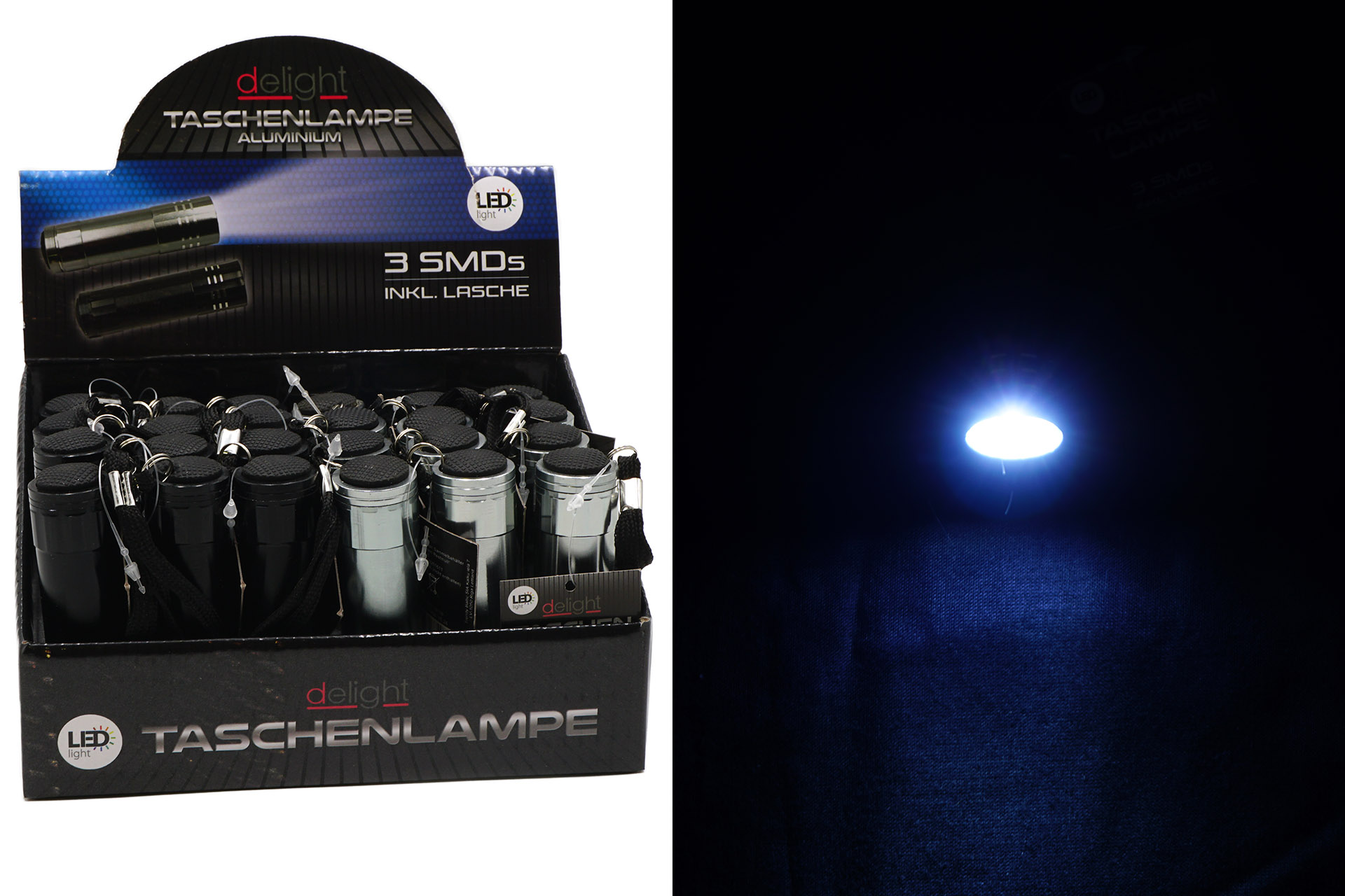 Aluminium flashlight with 3 SMDs, 2 colours, 9cm with strap