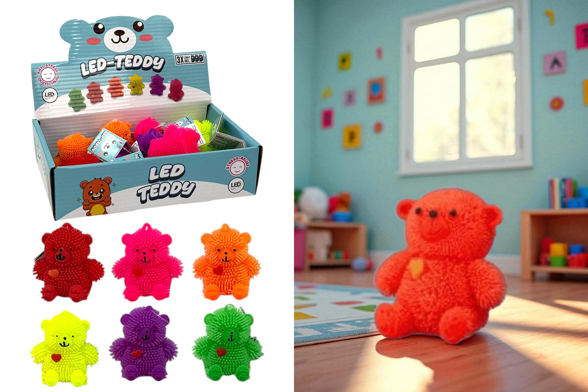 LED Zottel Bär mit Herz, 6x5,5x4cm, 6 Farben, im Display
