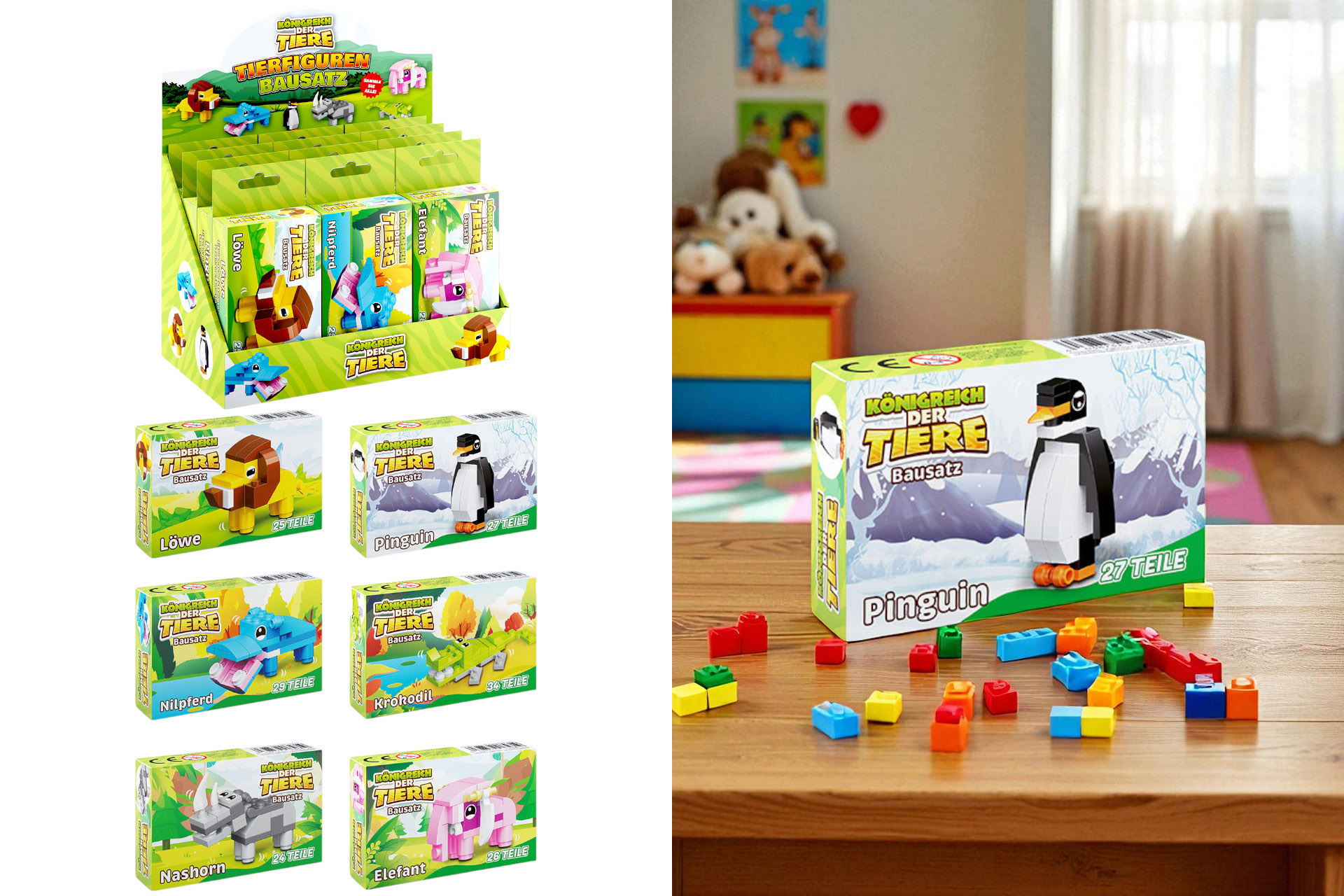 Bricks-Set "Tiere", 30 tlg., 6 Designs sortiert, im Display
