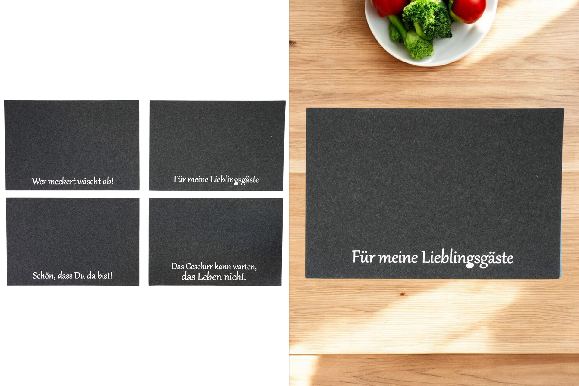 Platzset 45x30cm Filz mit Spruch, dunkelgrau, 4 Sprüche sortiert