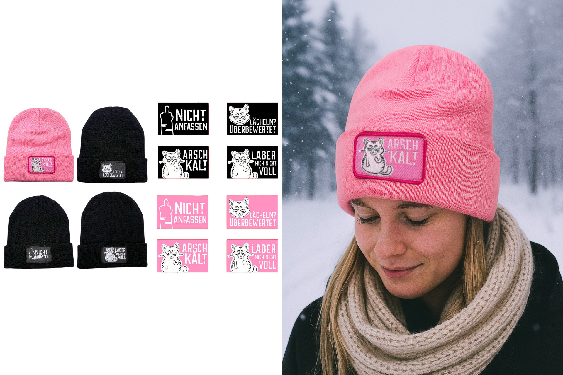 Mütze "Miesekatze", 21,5x20cm, 4 Designs