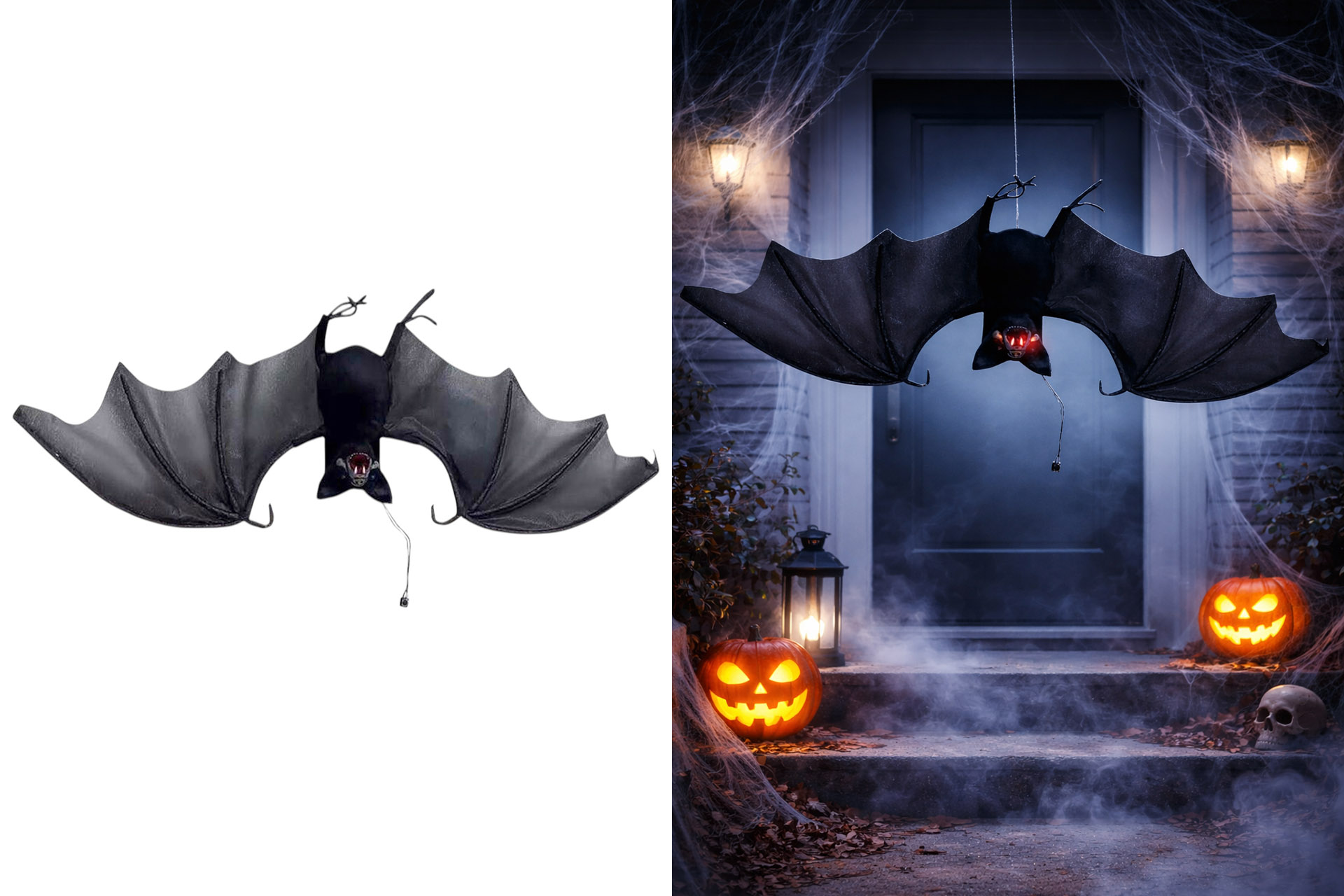 LED Deko Figuren Halloween "Hanging Bat Up & Down", 90x29x10cm, mit Sound
