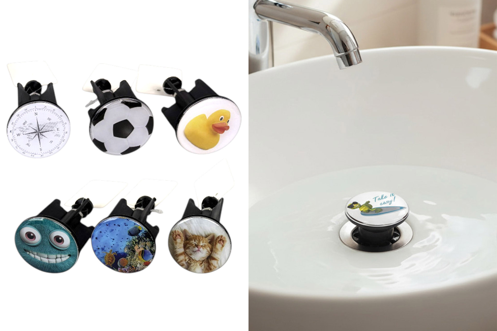 Waschbeckenstöpsel/Exzenterstopfen mit Motiv, 6 Designs, im Display