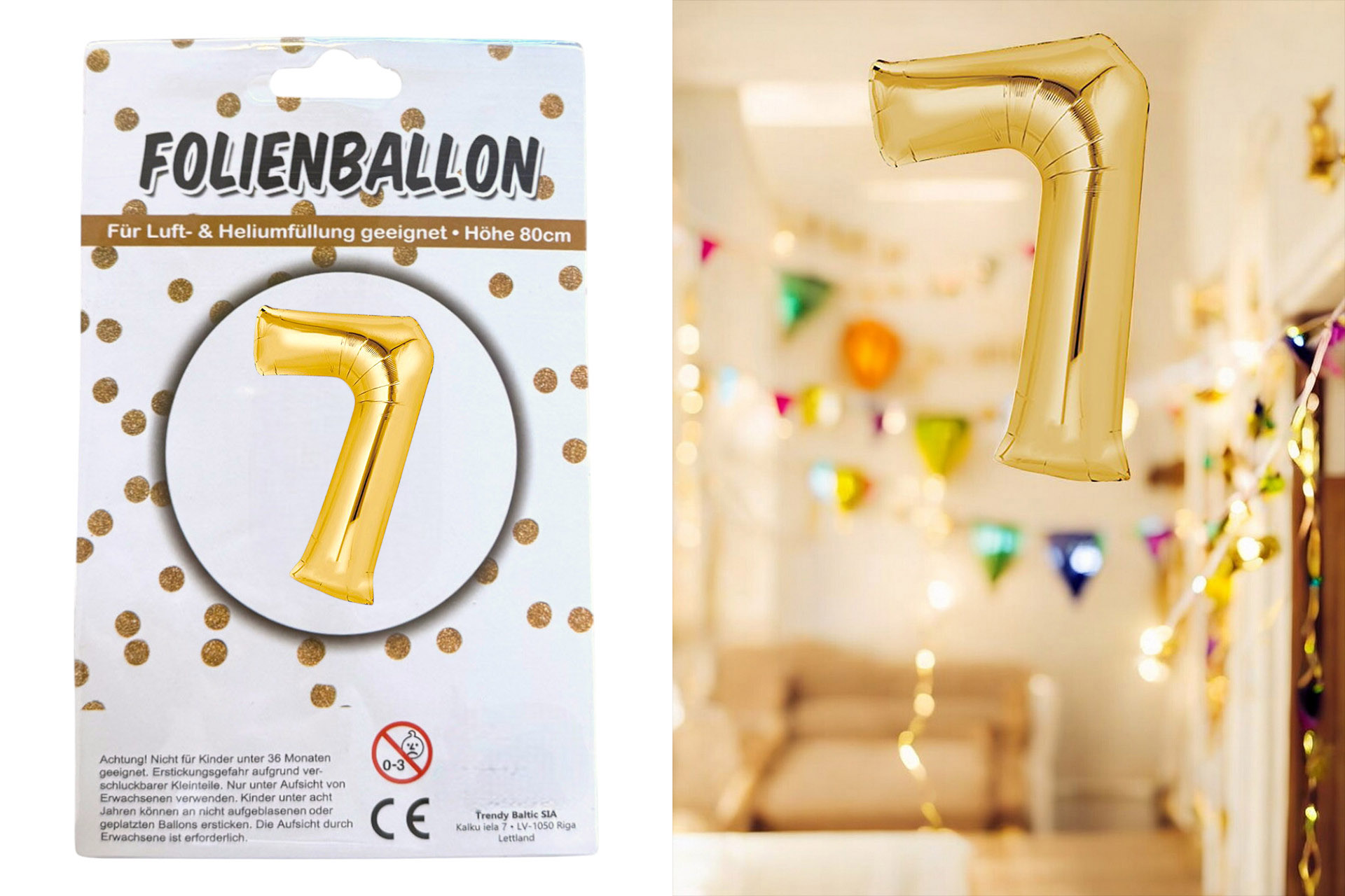 Folienballon Ziffer - 7, 80cm gold