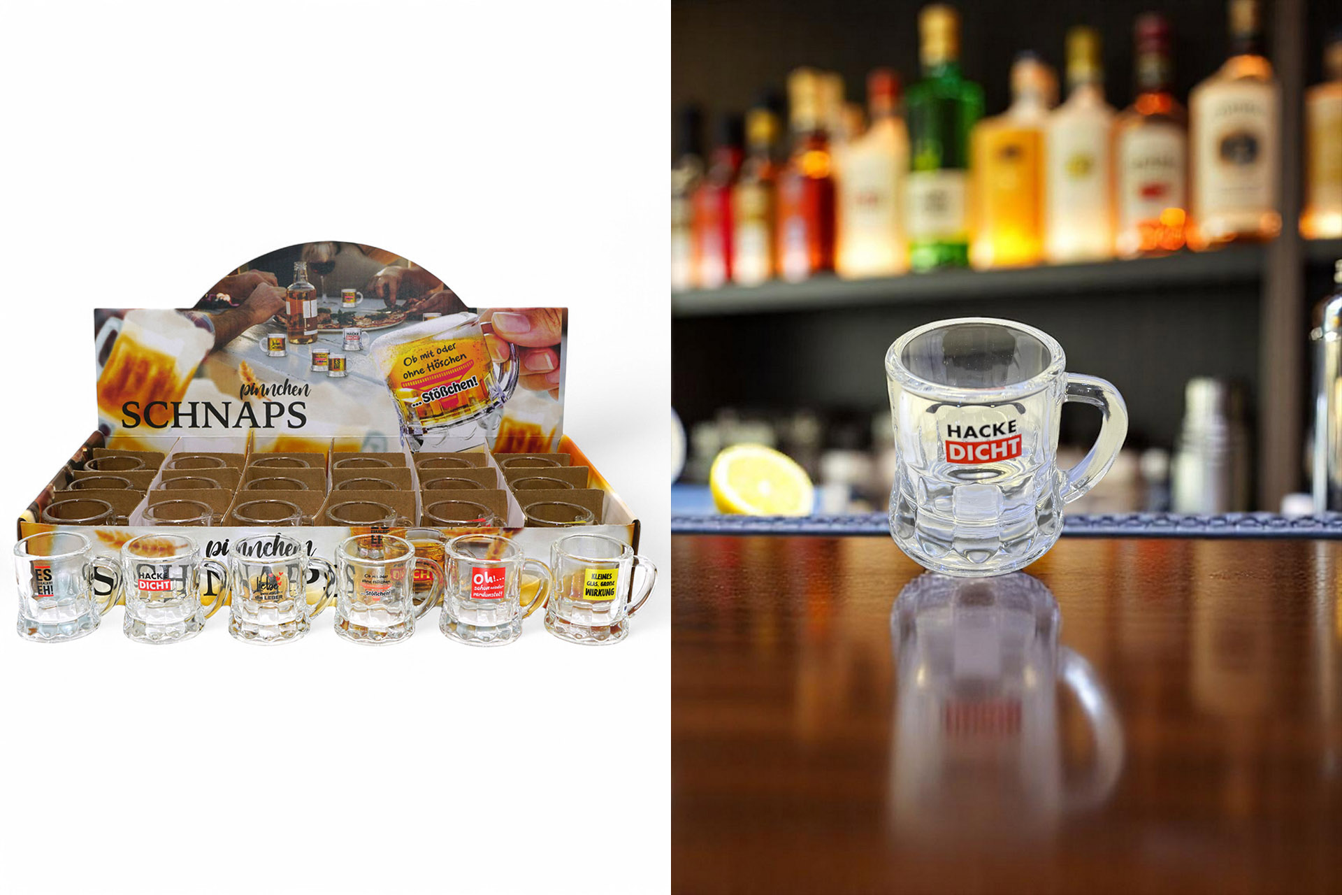 Schnapspinnchen Glas "Bierkrug" mit Spruch