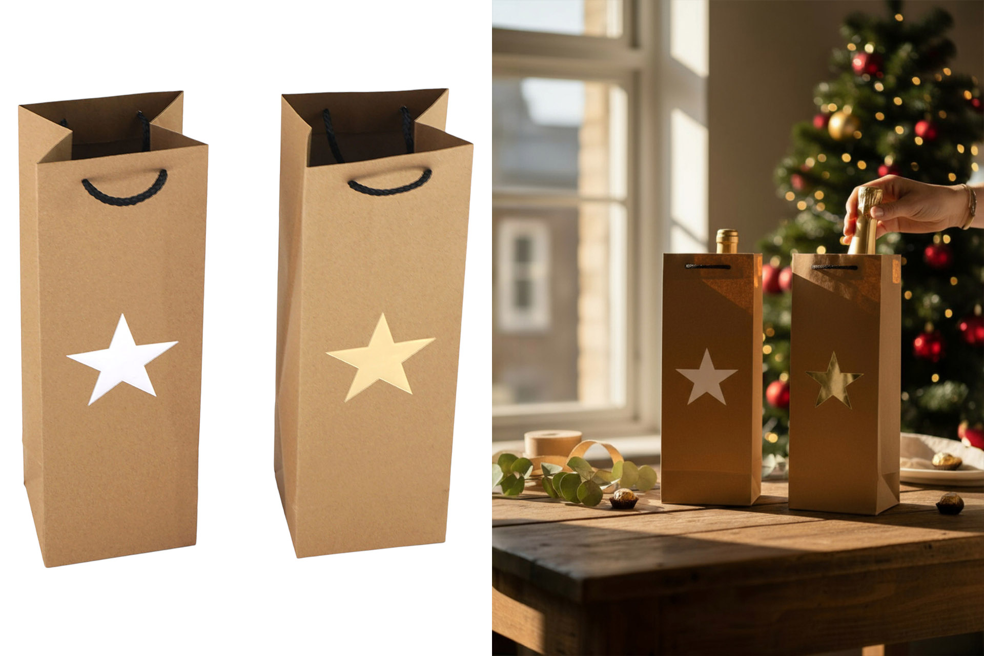 Geschenktüte Flasche Stern Metallic, 12x36x10cm, 2 Farben, gold/silber