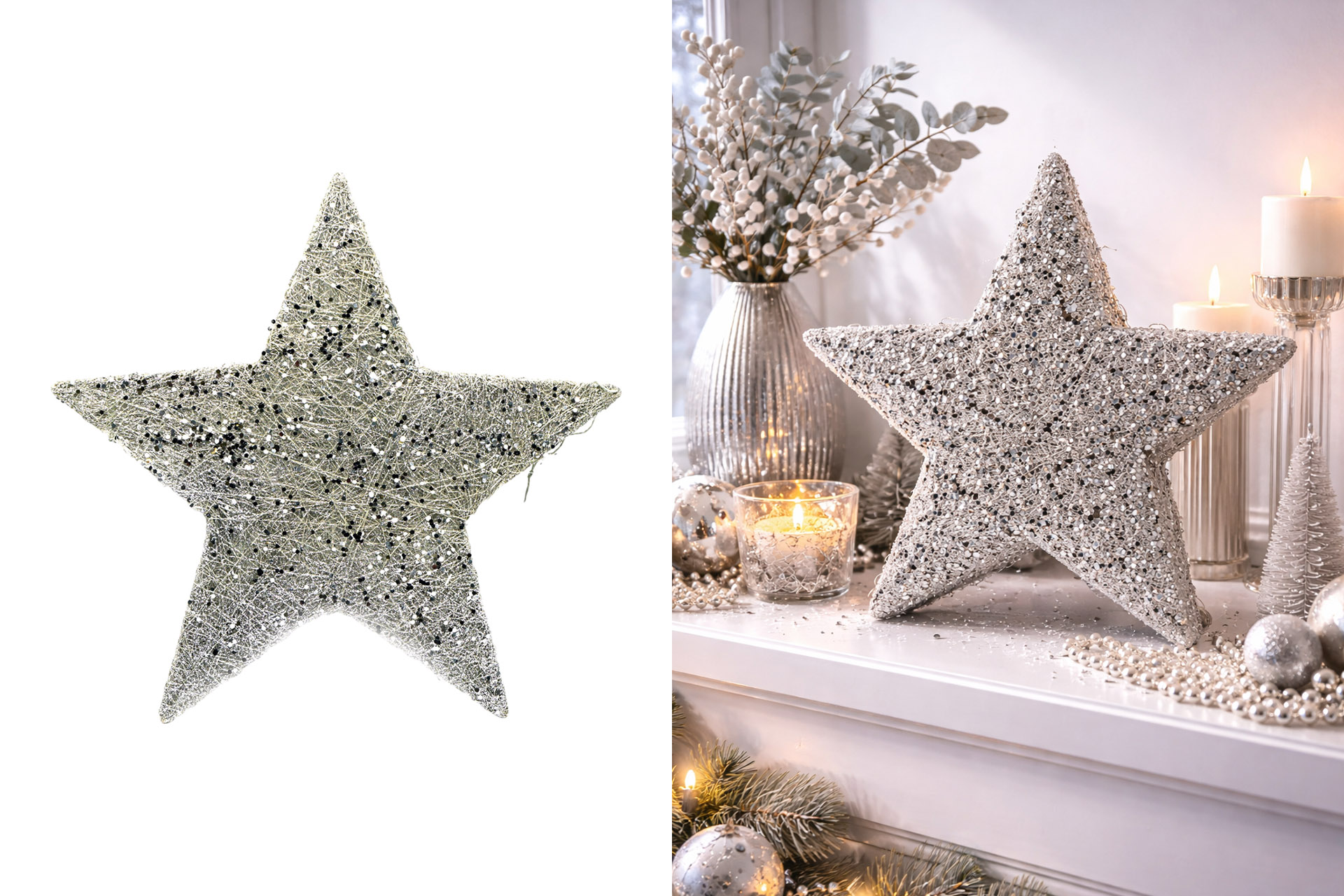 Sisalstern "Glitter" zum hängen, 30cm, silber