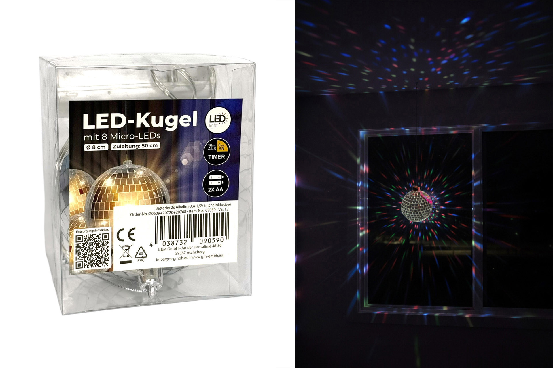 LED Discokugel, Ø 8cm, mit Timer, silber