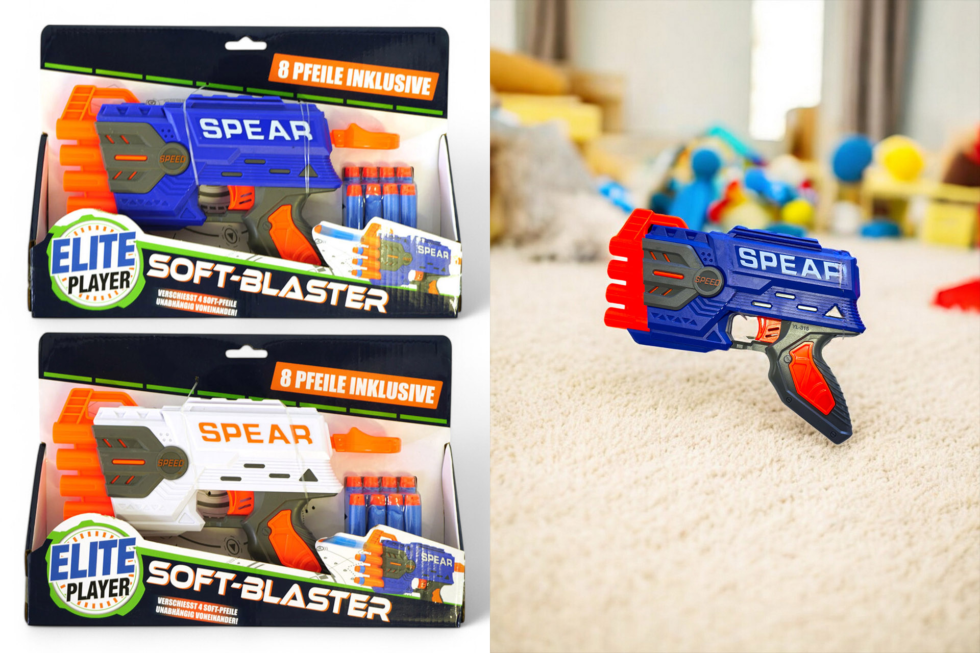 Spielzeug Pistole "Soft Gun", 8 Schuss, 2 Farben