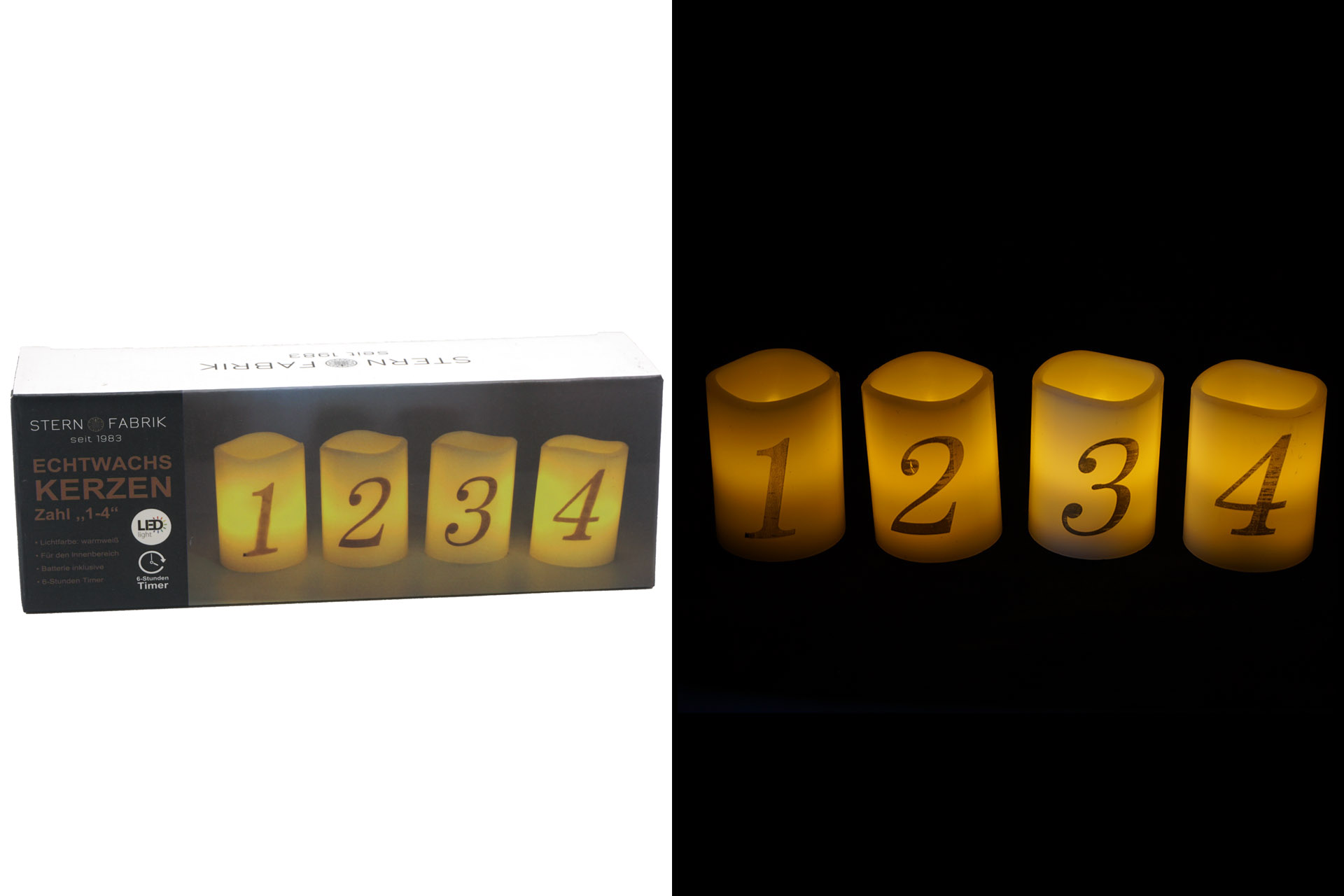 Echtwachskerze "Zahl 1-4", 5x6,5cm, Timer, inklusive Batterien