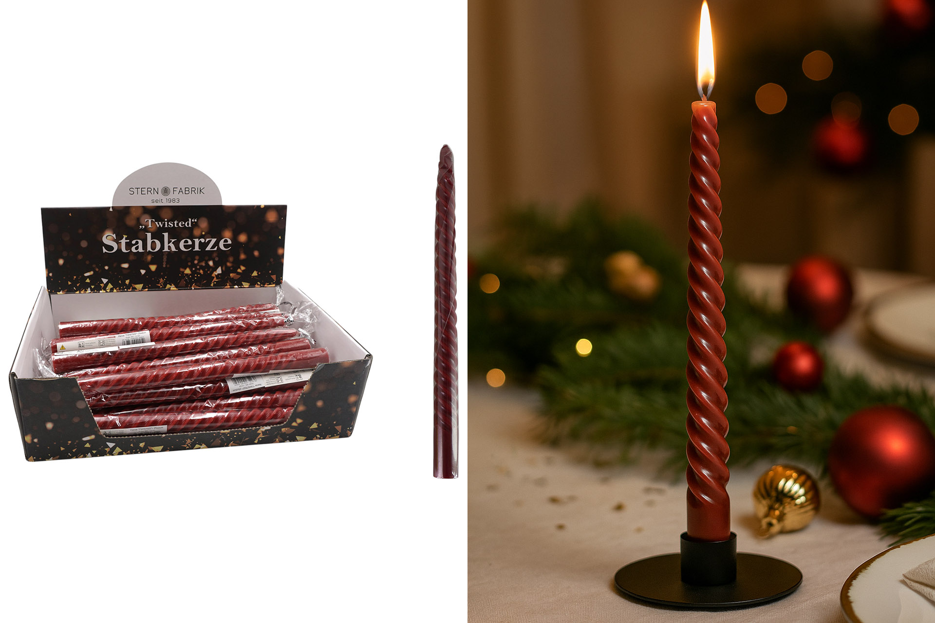 Kerze "TWISTED" 25x2cm, Echtwachs, im Display, bordeaux