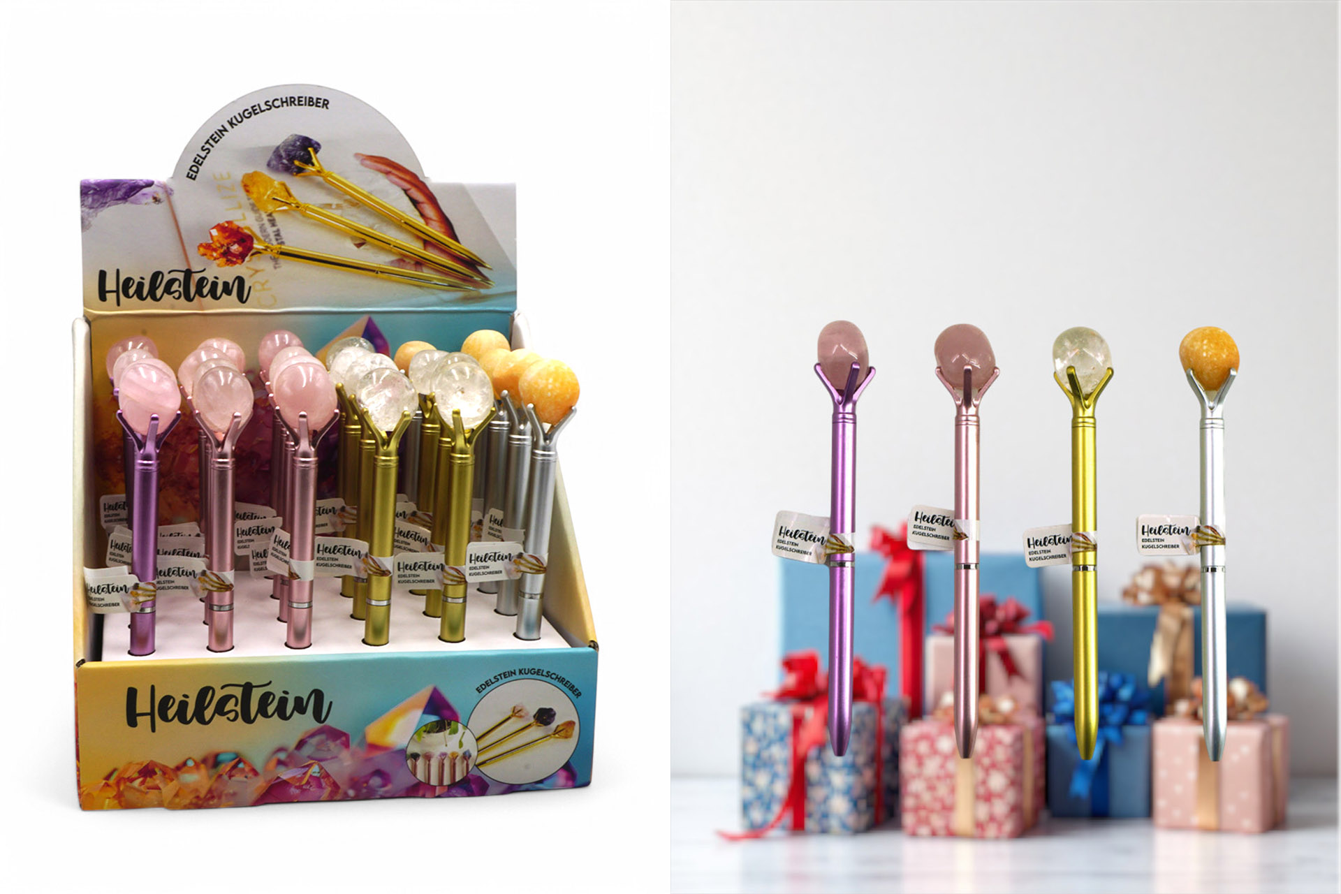 Edelstein Kugelschreiber "Heilstein", 4 Farben, 4 versch. Steine, im Display
