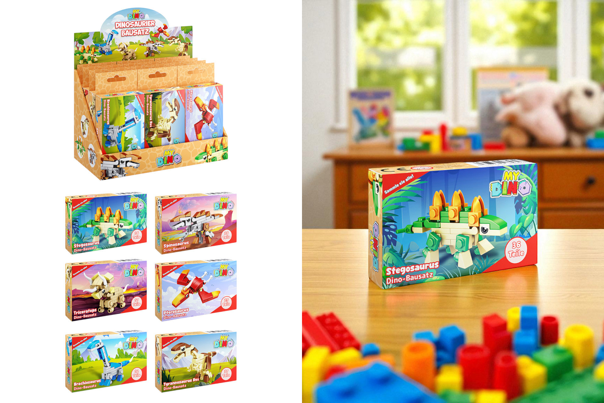 Bricks-Set "Dinosaurier", 30 tlg., 6 Designs sortiert, im Display