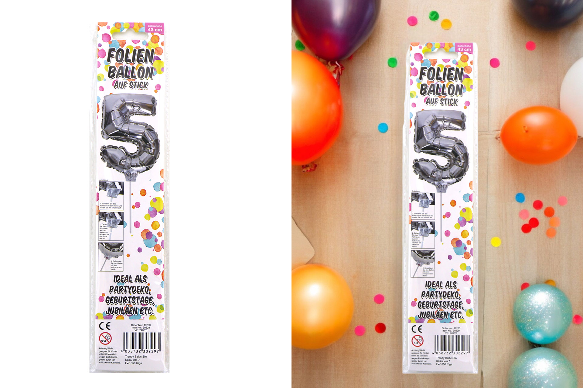 Folienballon Sortiment Refill für Display "Nr. 5 silber" mit Stick, 34cm