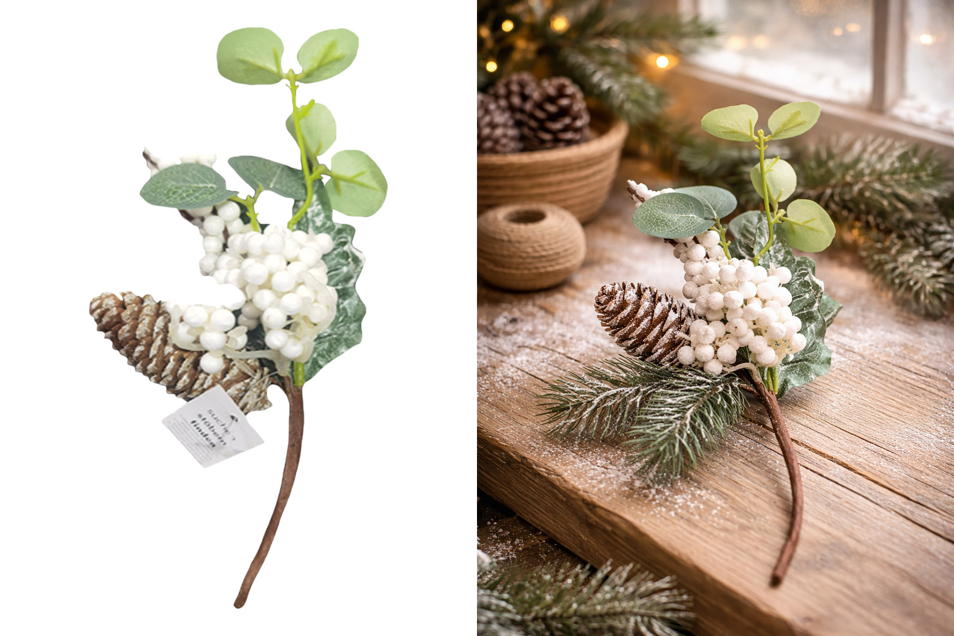 Weihnachtsdeko "Zweig mit Beeren und Tannenzapfen", 22x10cm