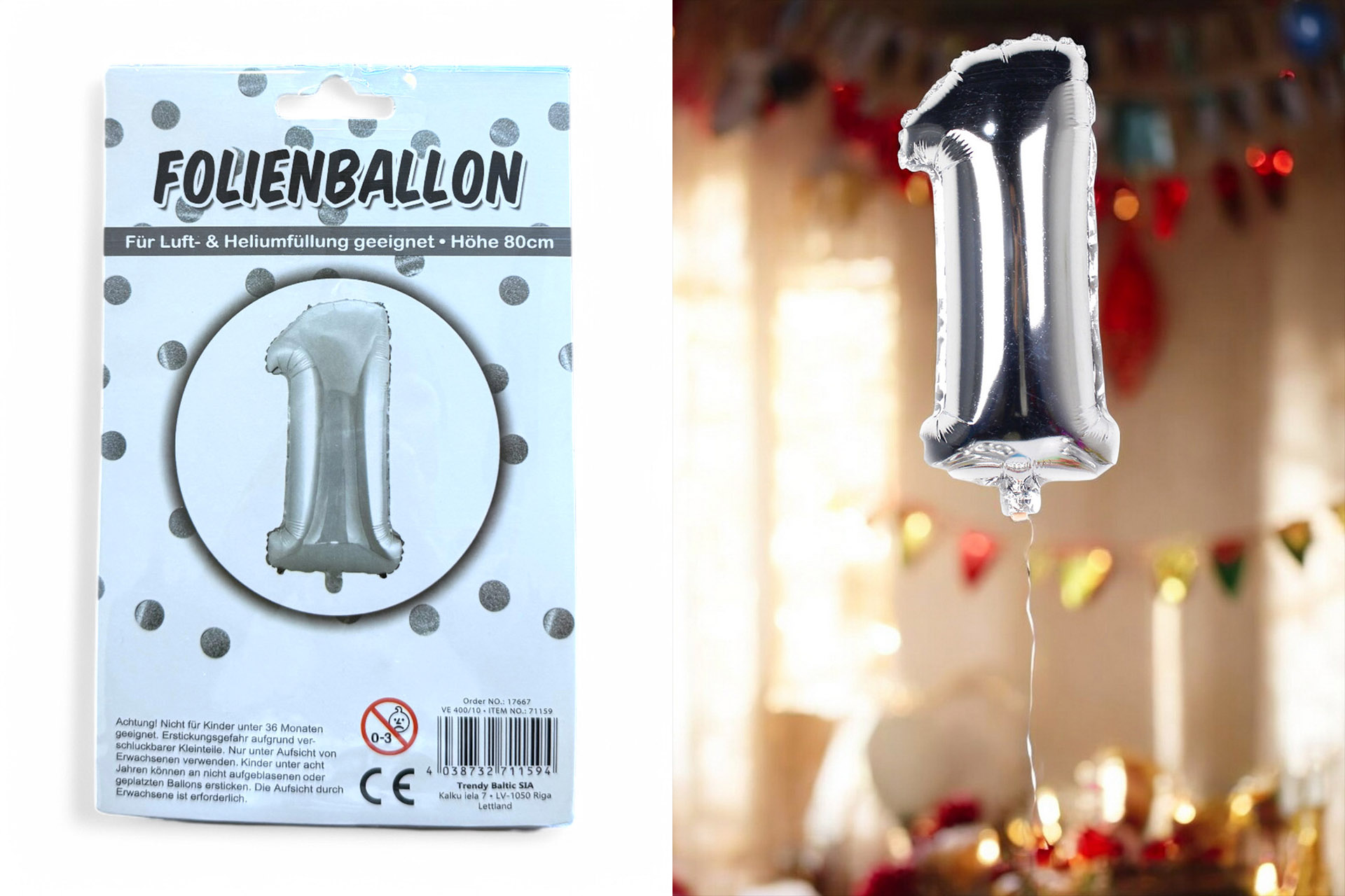 Folienballon Ziffer - 1 , 80cm silber
