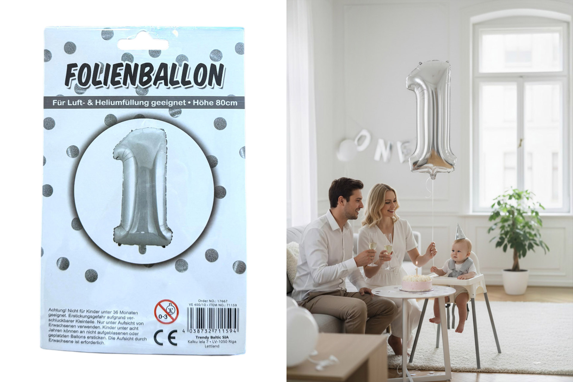Foil balloon number 1, 80cm silver