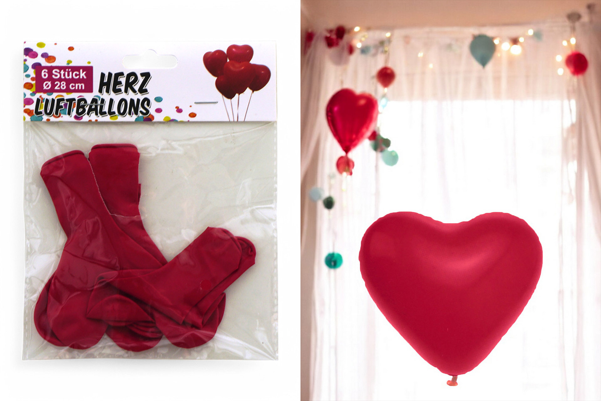 Luftballons Herz rot, 6er Pack, 28cm