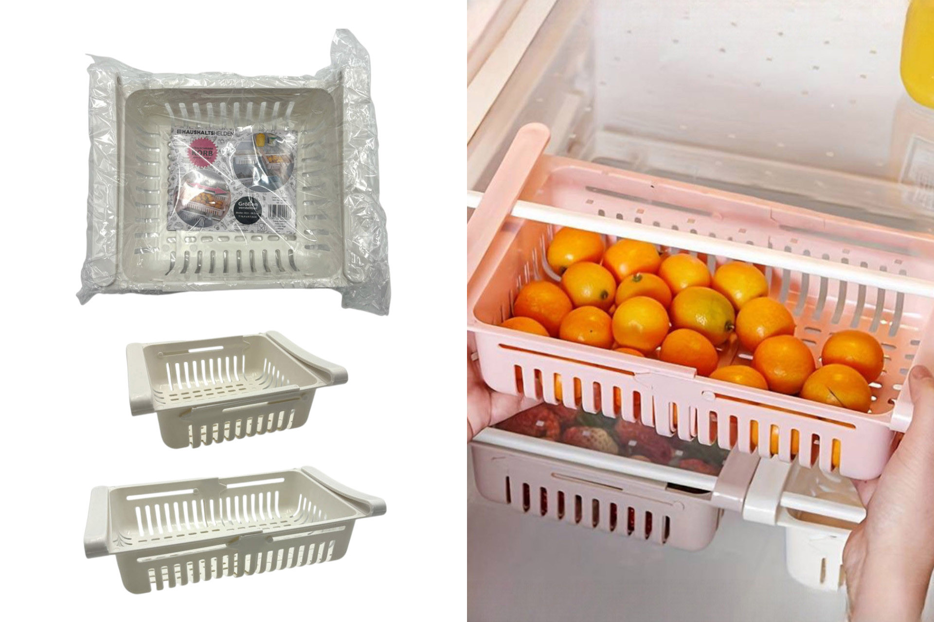 Kühlschrankkorb zum Einhängen und größenverstellbar, 28x16,5x6,5cm, weiß