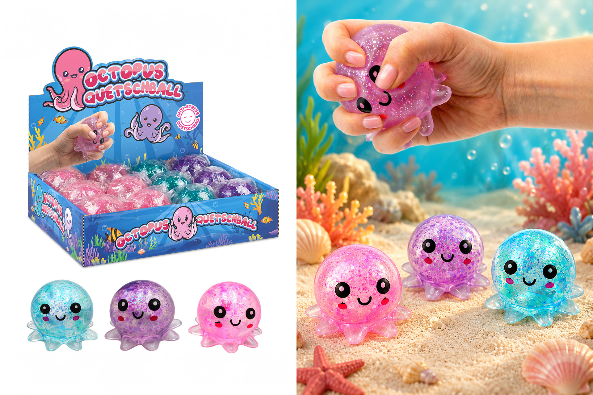 Quetschball Anti-Stress Jelly Squeeze "Oktopus" 7cm, 3 Farben, im Display