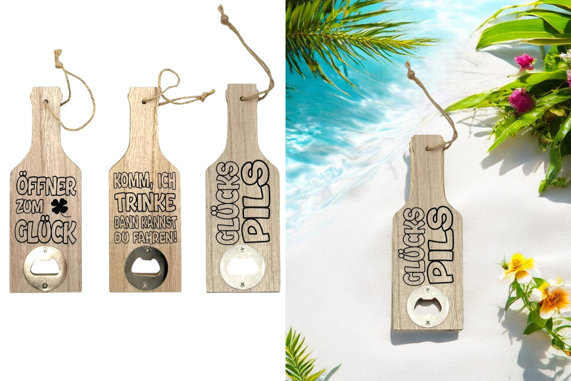 Flaschenöffner Holz, 3 versch. Sprüche, 20 cm