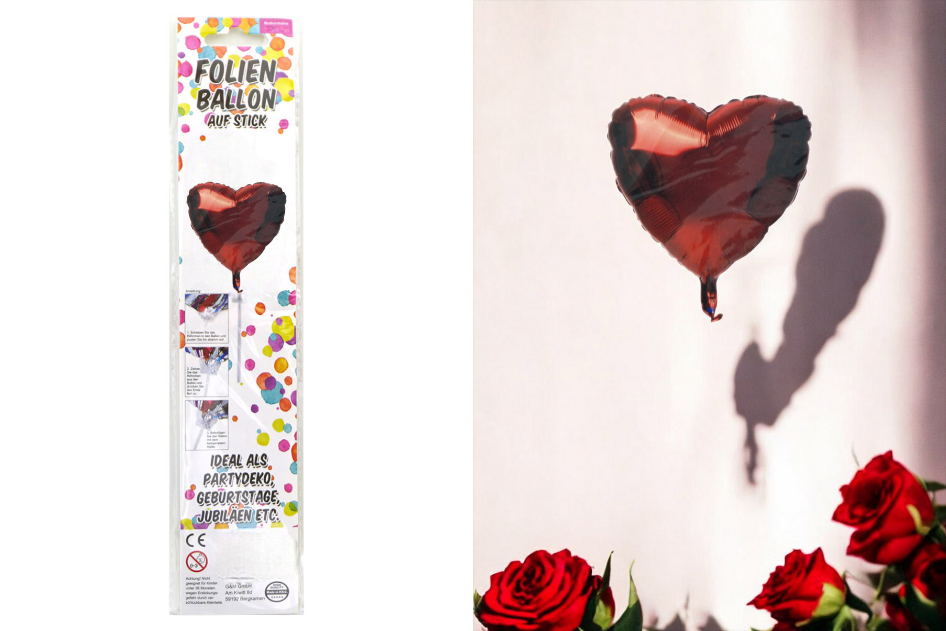 Folienballon Sortiment Refill für Display "Rotes Herz" mit Stick, 46cm