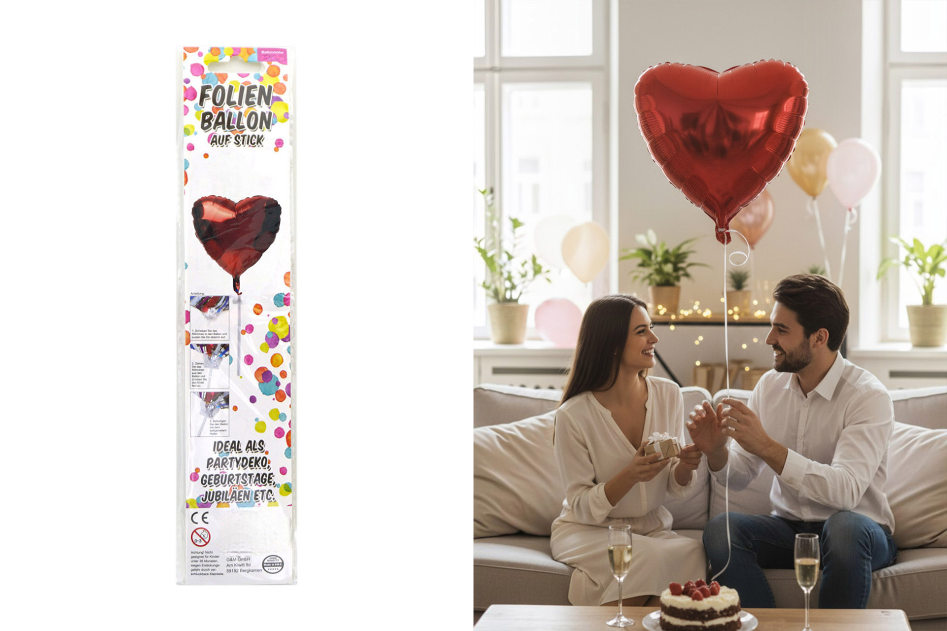 Folienballon Sortiment Refill für Display "Rotes Herz" mit Stick, 46cm