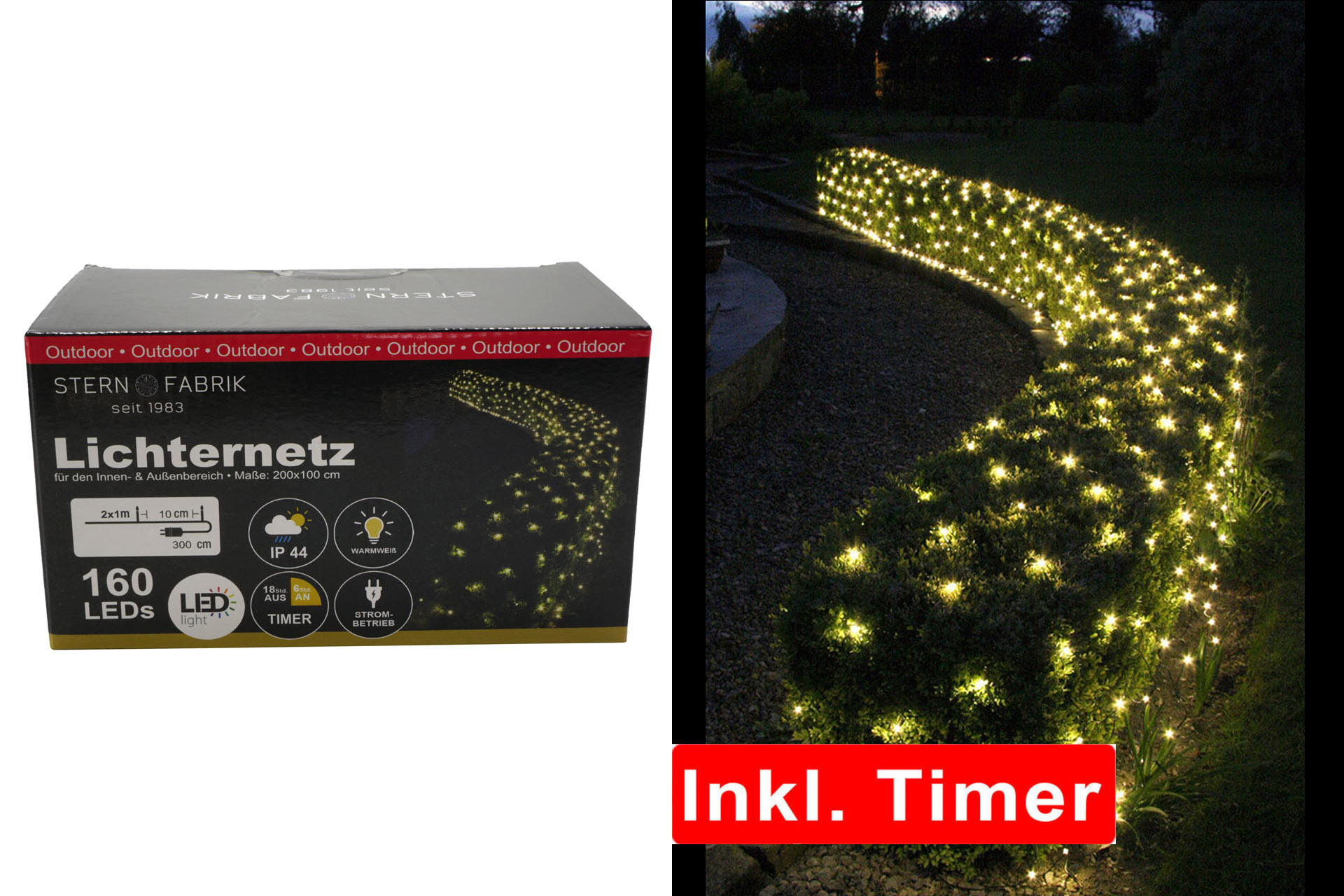 Lichternetz Basics LED 160 LED, 200x100cm, warmweiß, IP44, mit 6h Timer