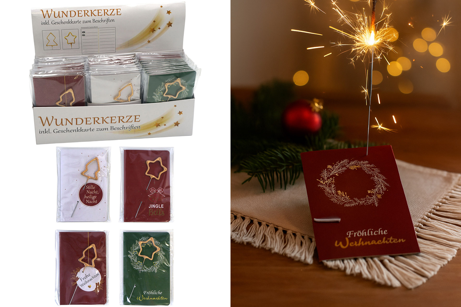 Wunderkerze/Geschenkkarte Weihnachtsmotive, gold, 10cm, 4 Designs, im Display