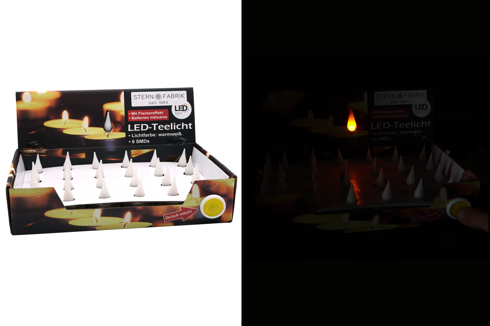 LED Teelicht "Flamme", 6 SMD, warmweiß, im Display mit "TRY ME"