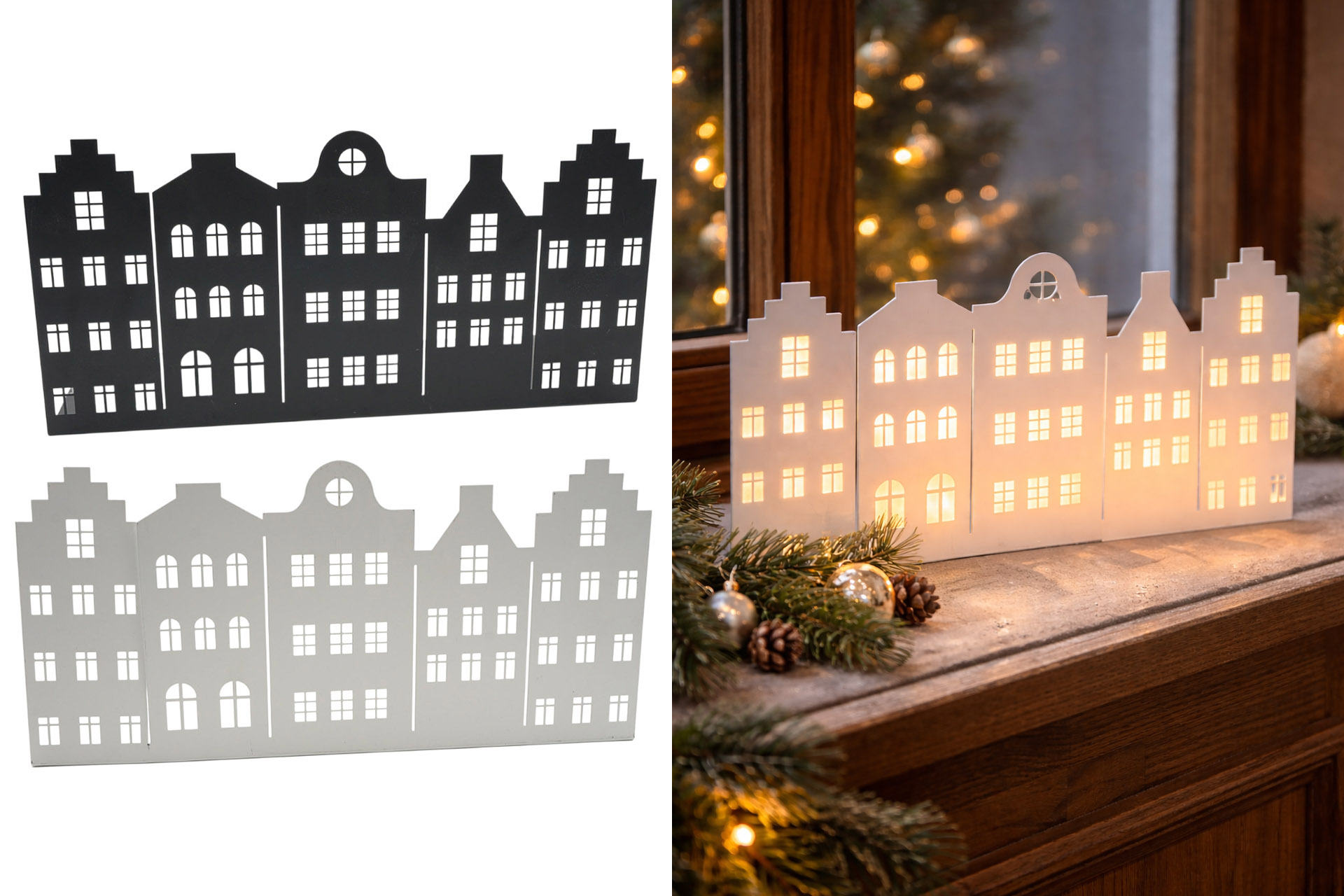 Weihnachtsdeko Metall Teelichthalter "Häuserzeile", 38x18x15cm, 2 Farben