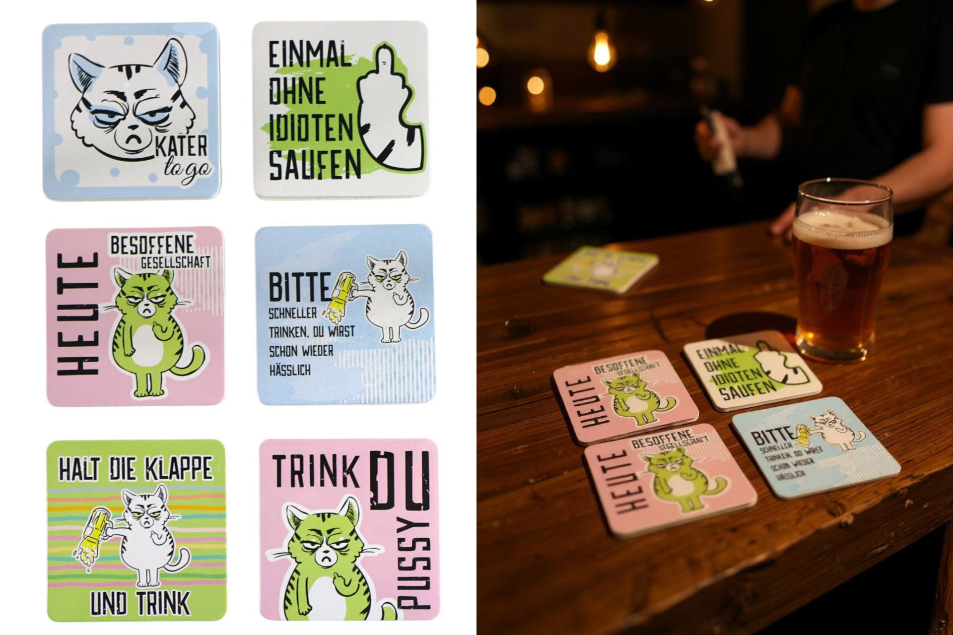 Untersetzer Bierdeckel "Miesekatze" mit Spruch, 15er Set, 9x9cm, 2 fach sortiert, 6 Designs