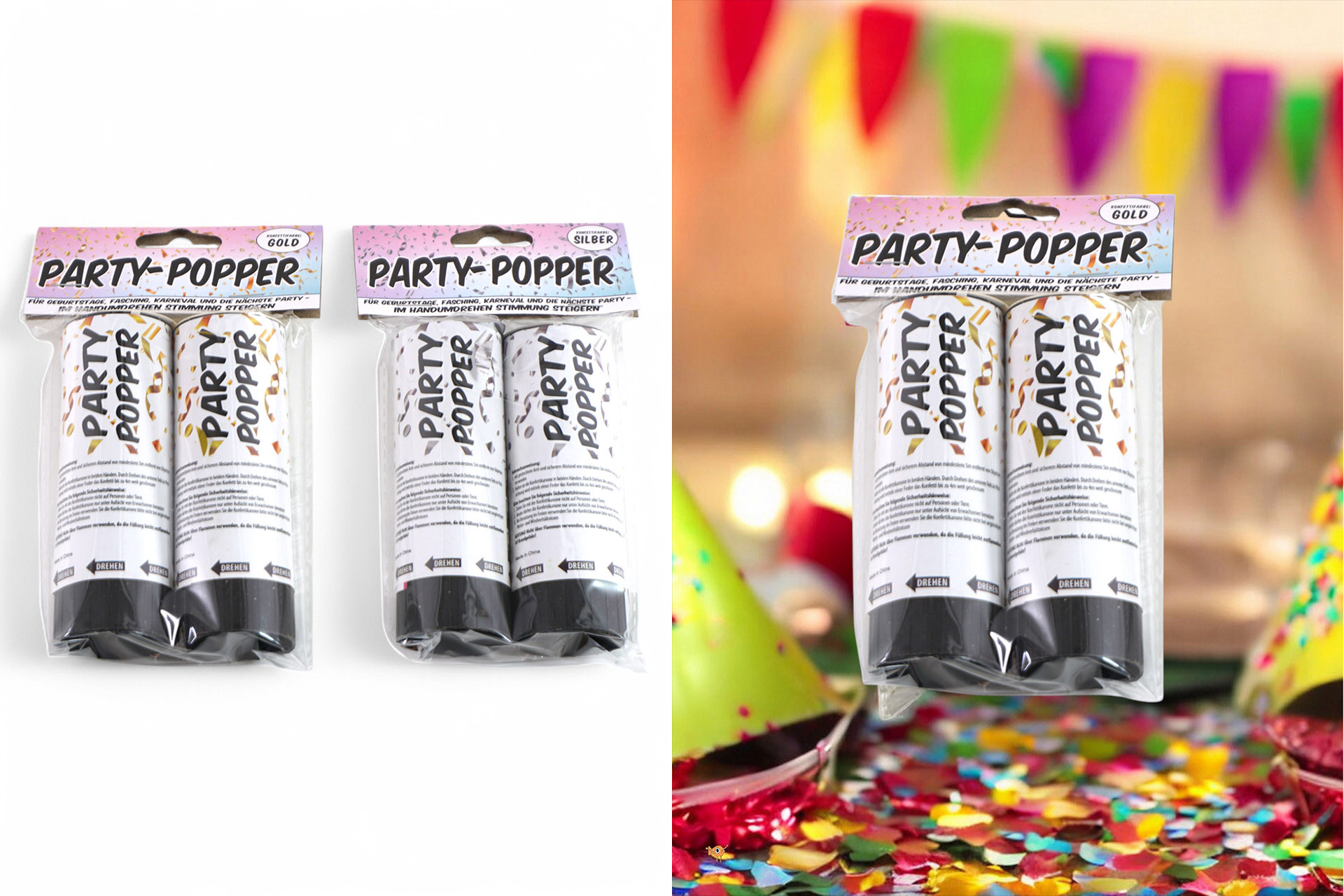 Partypopper 10,5cm, 2er silber/gold sortiert Metallic