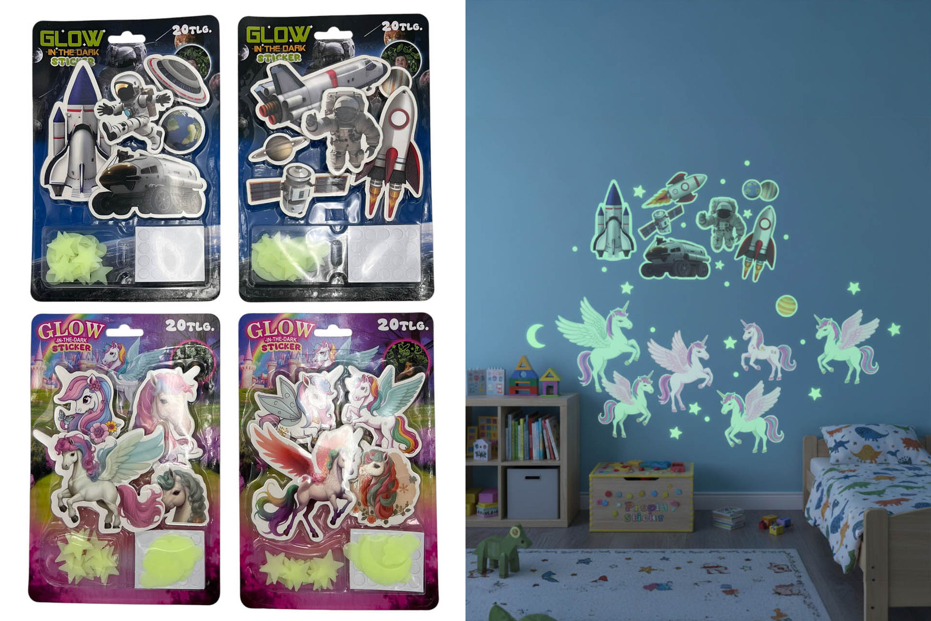 Wandsticker "Glow in the Dark", 16,5x1,5x24,5cm. 20tlg., 4 Designs