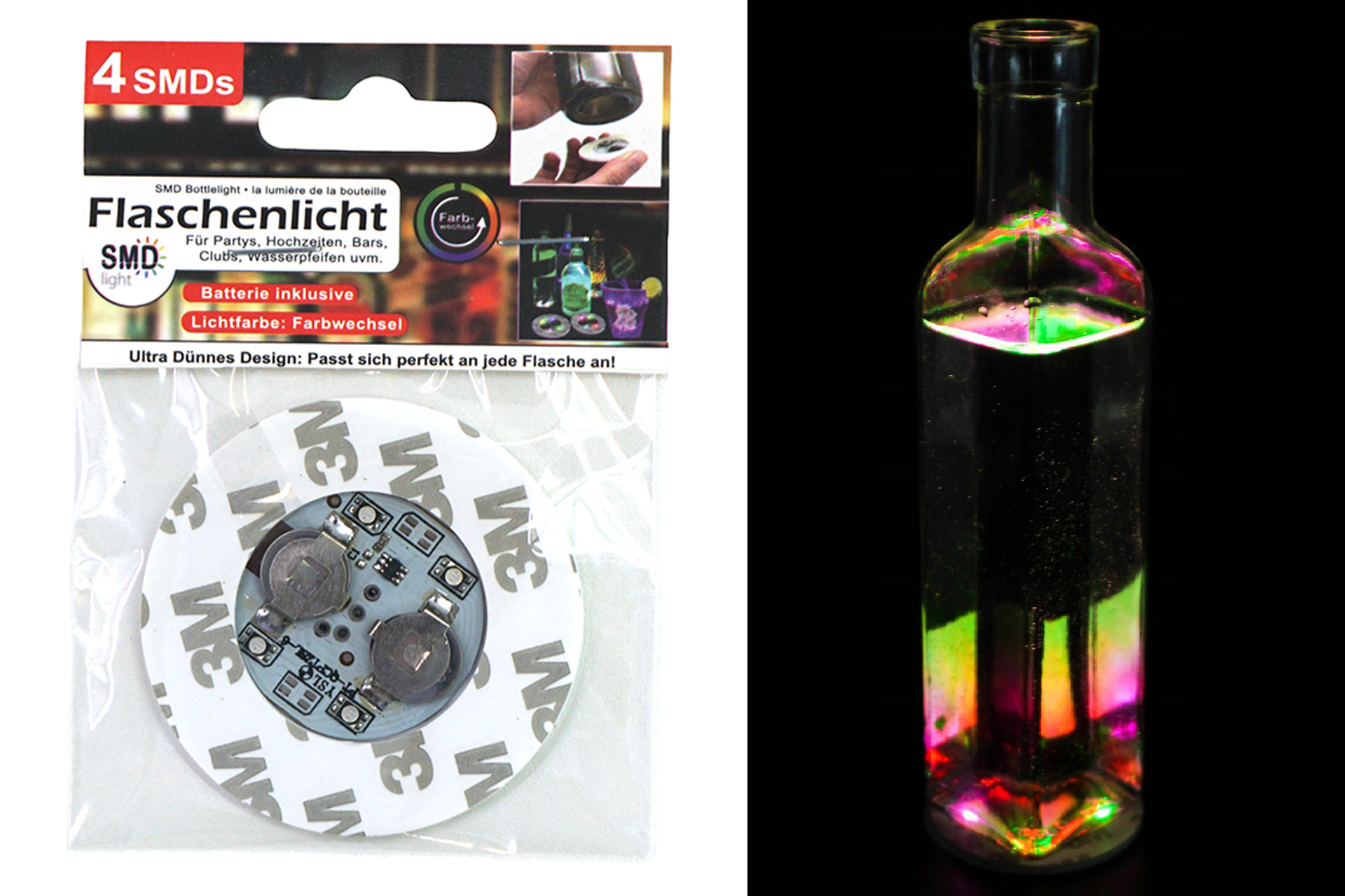 LED Lichtsticker Flaschenbeleuchtung, Farbwechsel, 4 SMD, inkl. Batterie