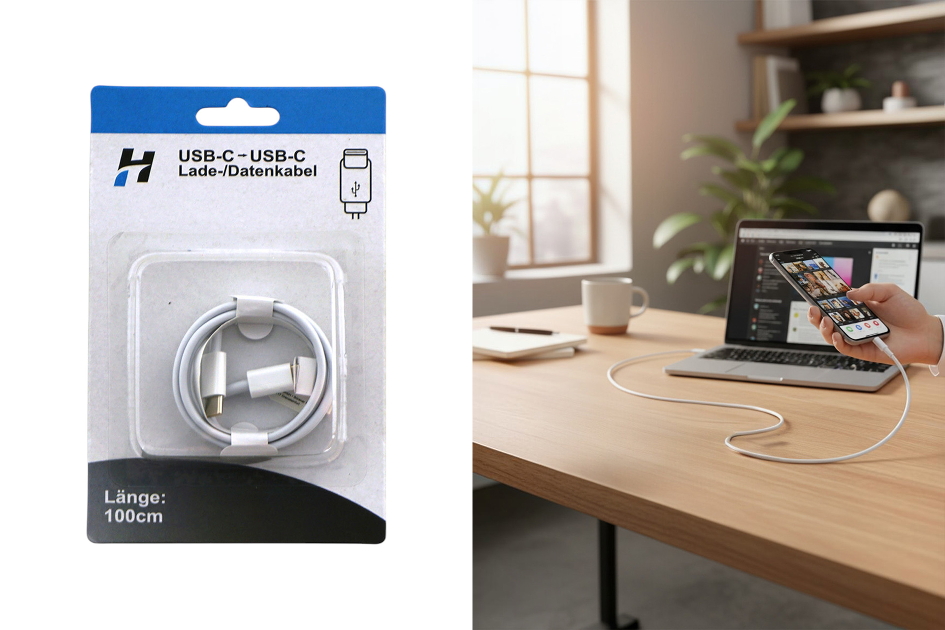 Lade-/Datenkabel "USB-C" mit USB-C Anschluss, 1m, weiß