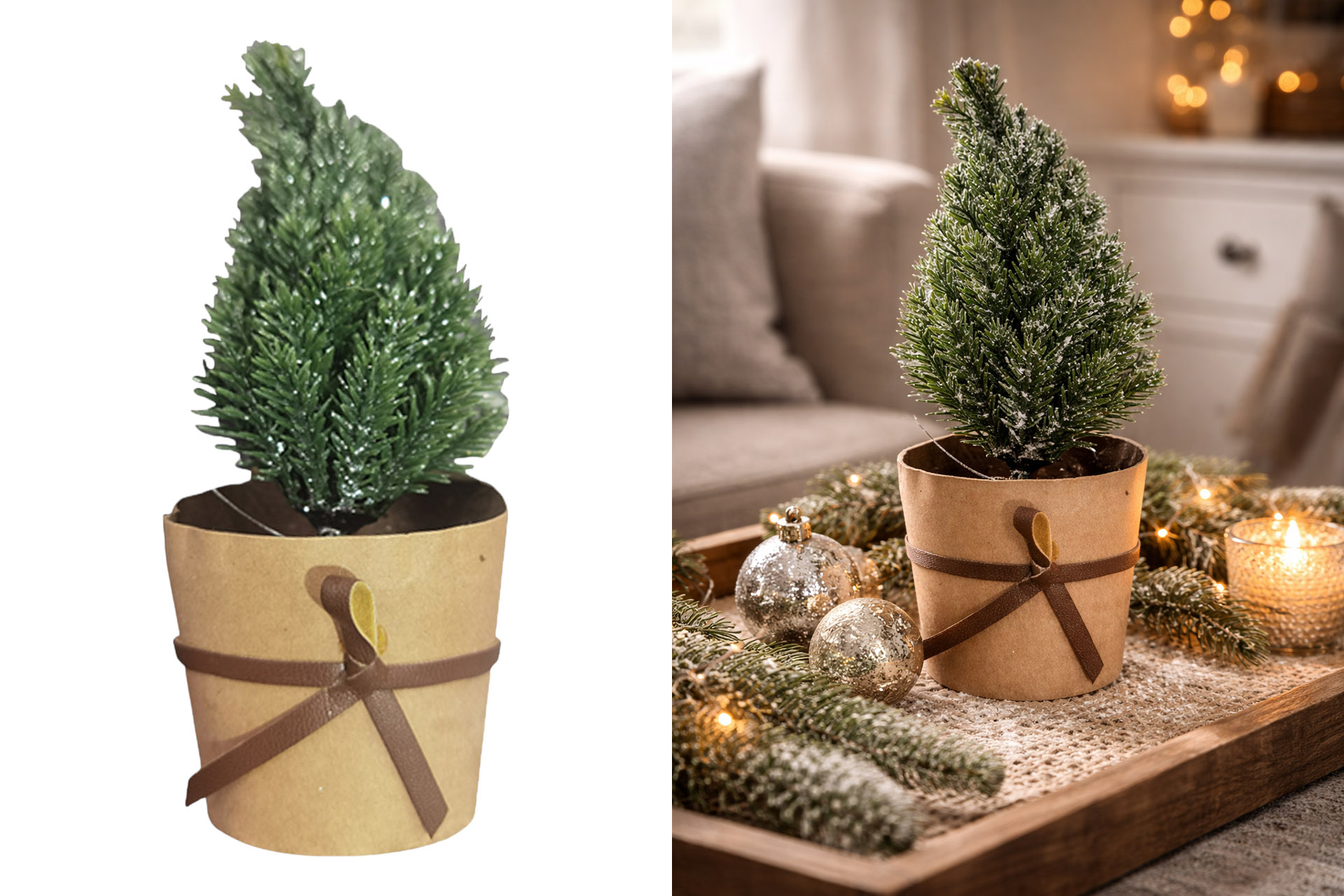 Weihnachtsdeko "Tannenbaum im Topf" mit Lederschleife, 17x7cm