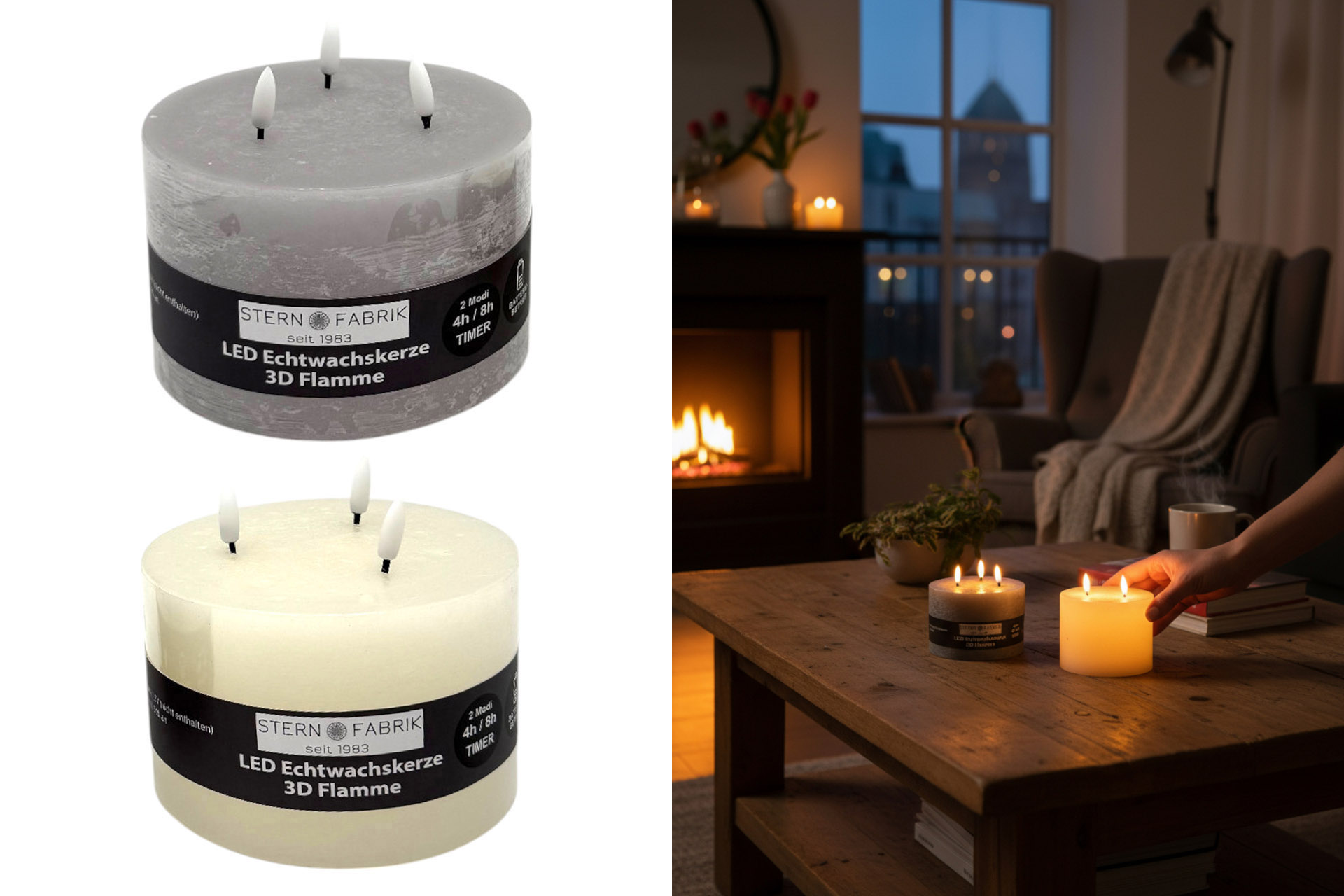 XXL LED Echtwachskerze "3D Flamme" 15x15x10cm, mit Timer, 2 Farben, im Display