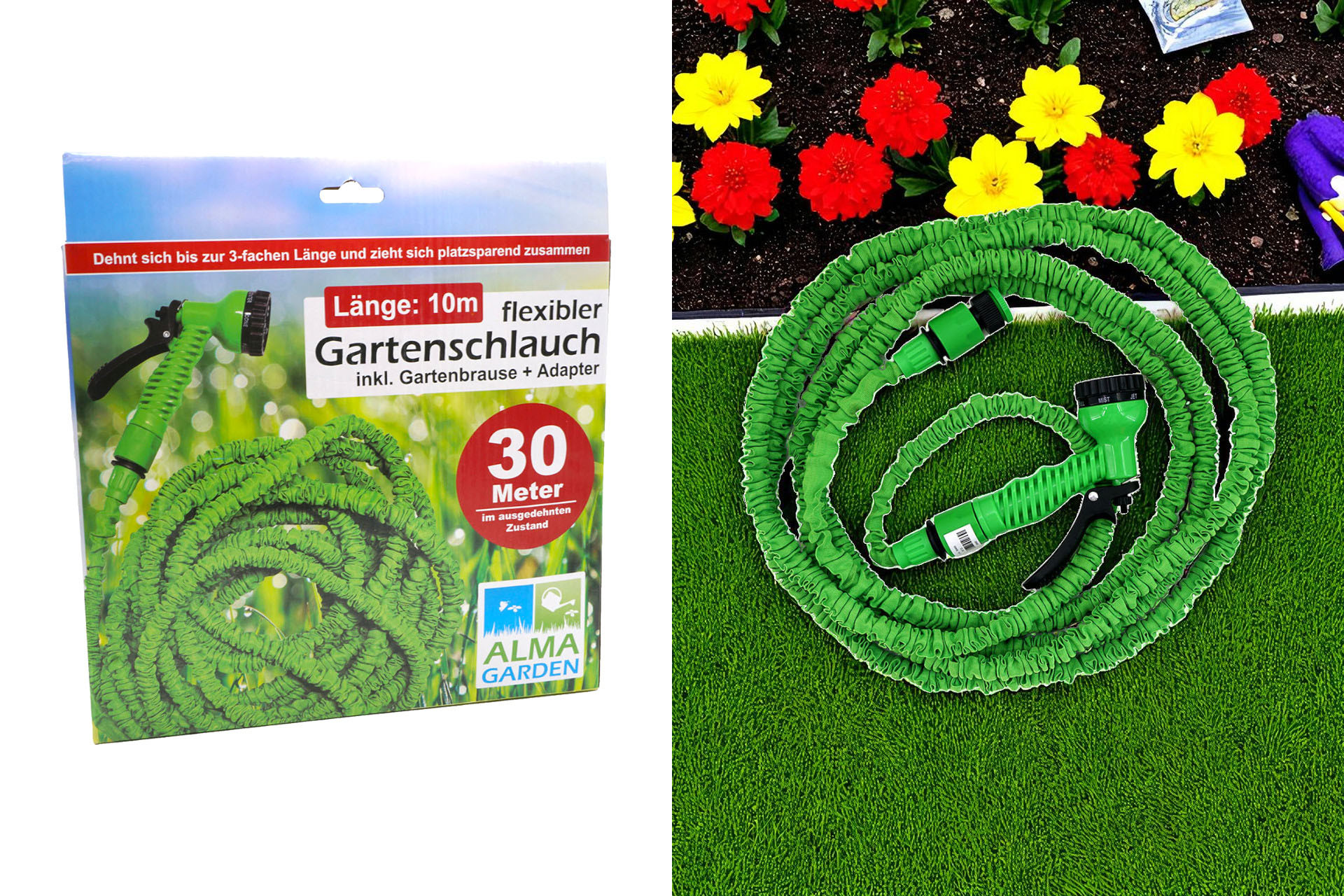 Flexibler Gartenschlauch 15-30m, grün, mit Sprühkopf