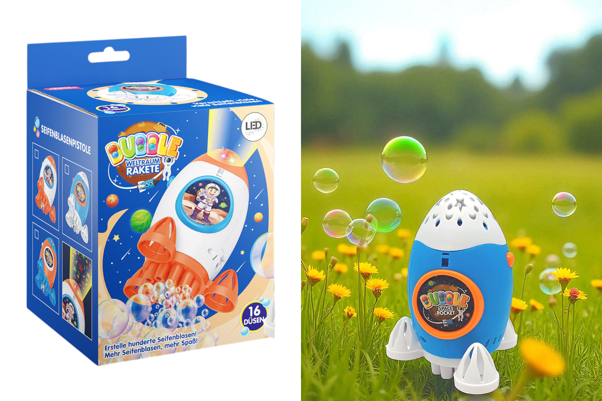 Seifenblasen Pistole "Rakete", 14x11,5cm, 3 Farben