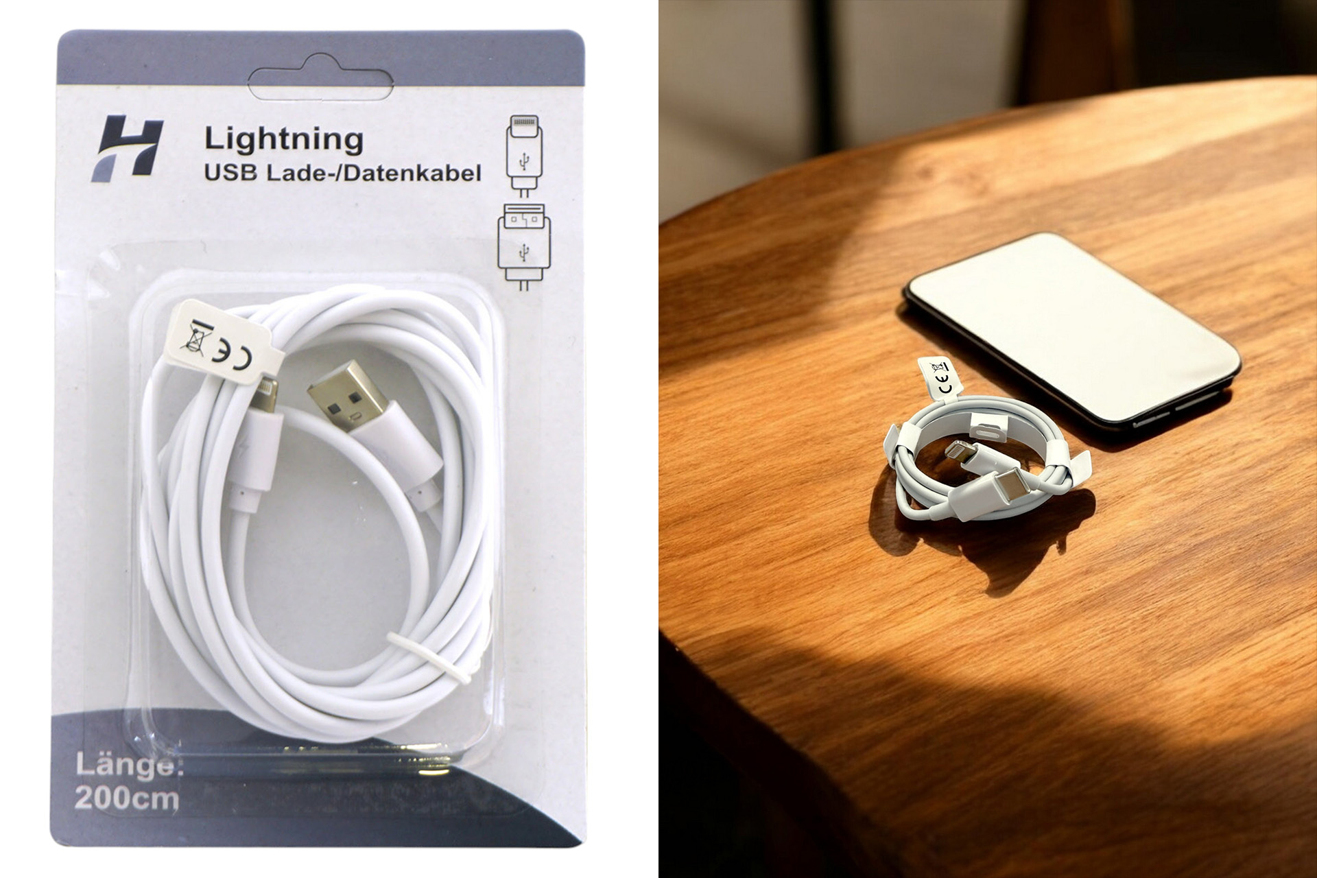 Lade-/Datenkabel für iPhone, USB-A auf Lightning, 2m, weiß